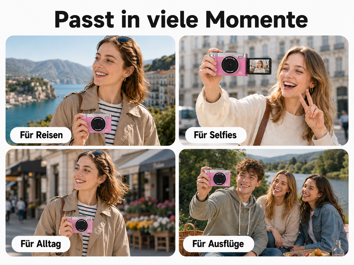 Vier Bilder einer Frau mit rosa Kompaktkamera für Reisen, Selfies, Alltag und Ausflüge.