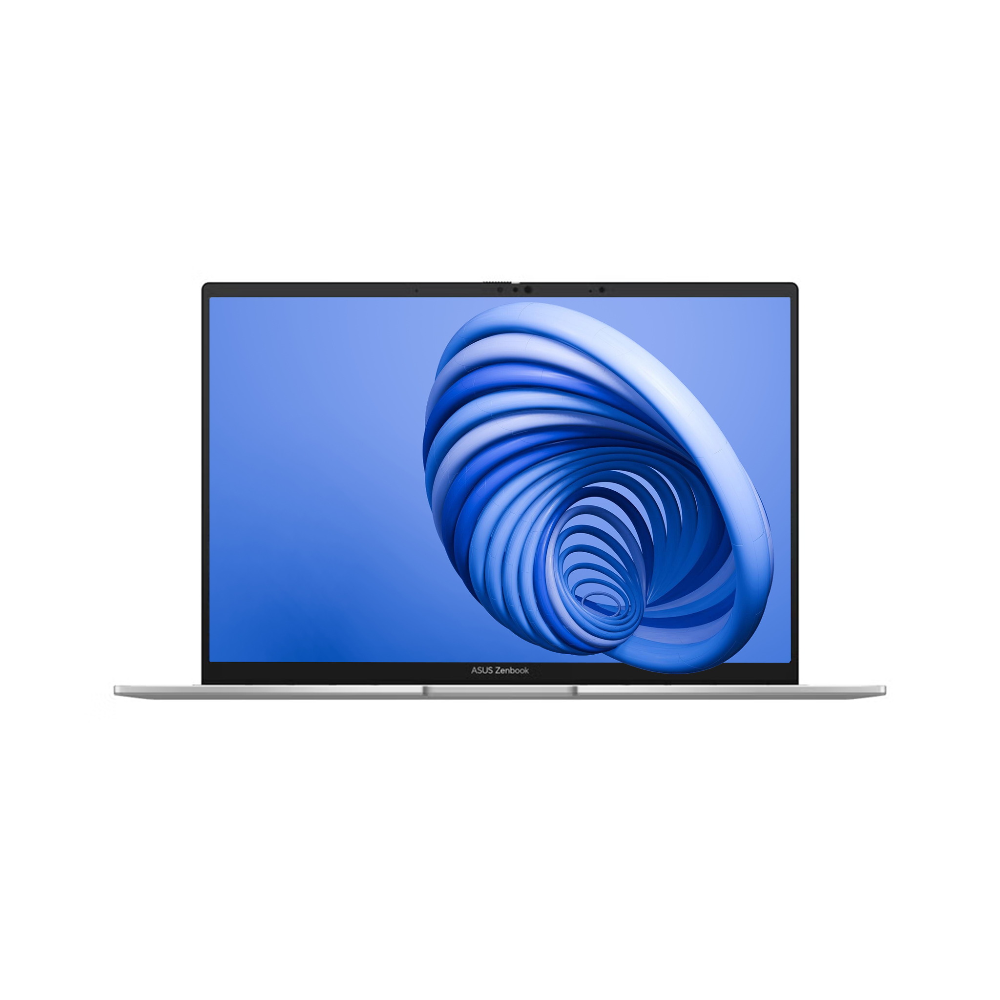 Beyaz arka planda ekranında mavi soyut spiral desen olan gümüş renkli ASUS Zenbook dizüstü bilgisayar.