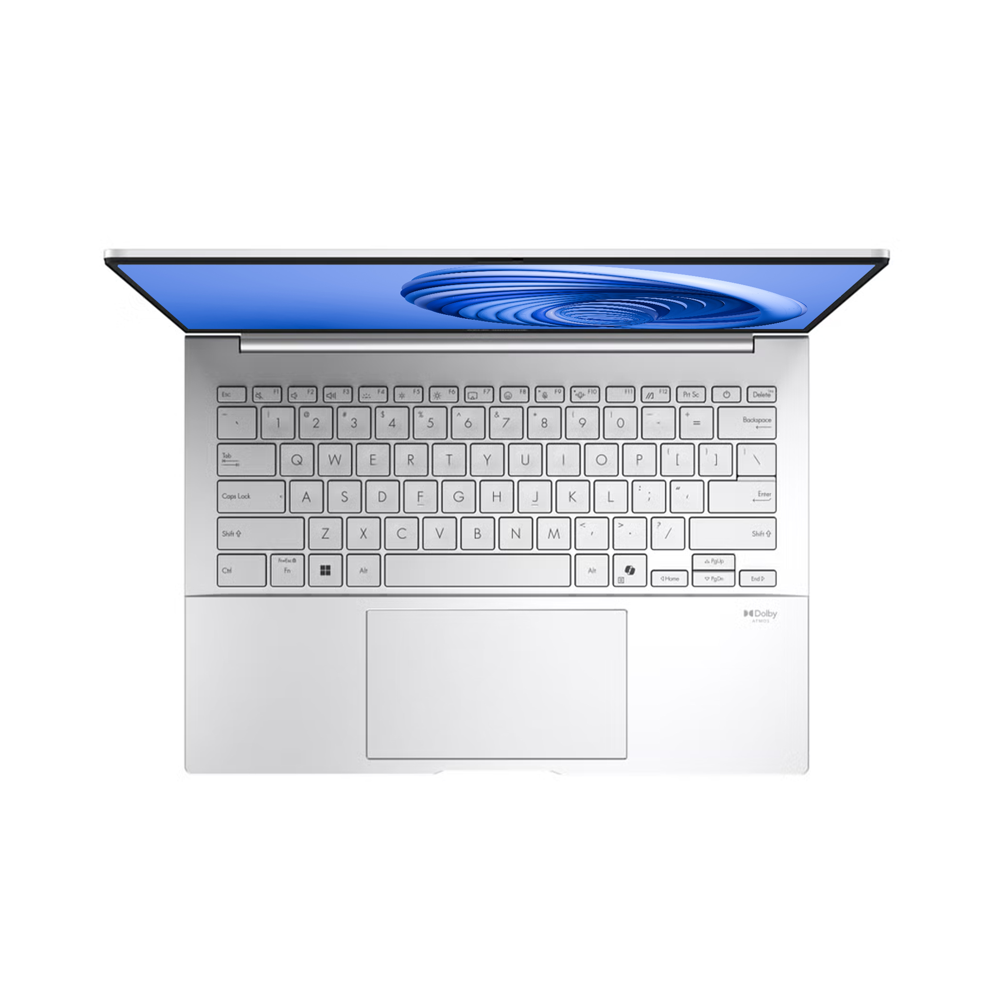 Mavi ekran grafiği, QWERTY klavye ve dokunmatik yüzeye sahip gümüş renkli bir dizüstü bilgisayarın üstten görünümü.