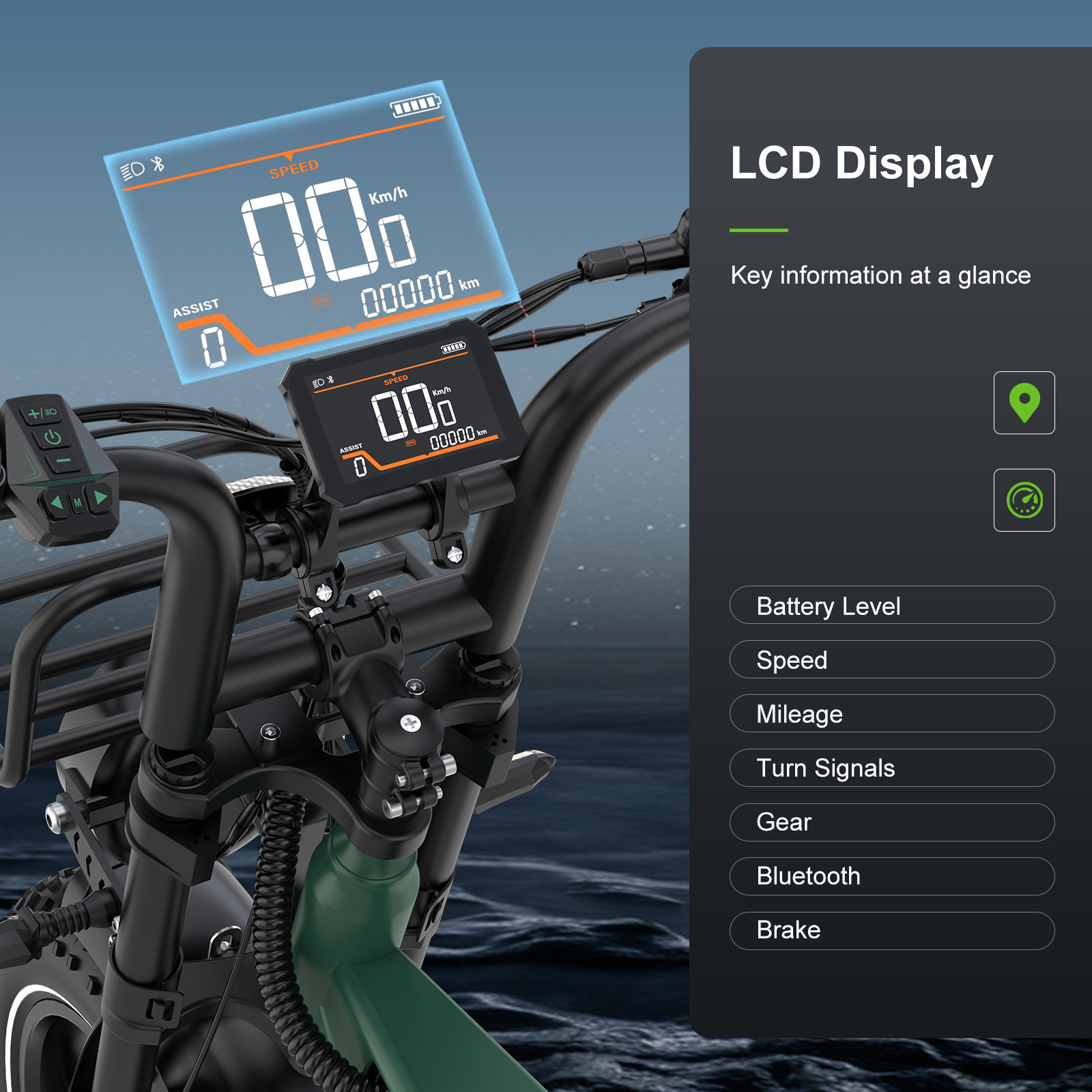 Un manillar de bicicleta eléctrica con pantalla LCD que muestra velocidad, batería, kilometraje, marcha e iconos.