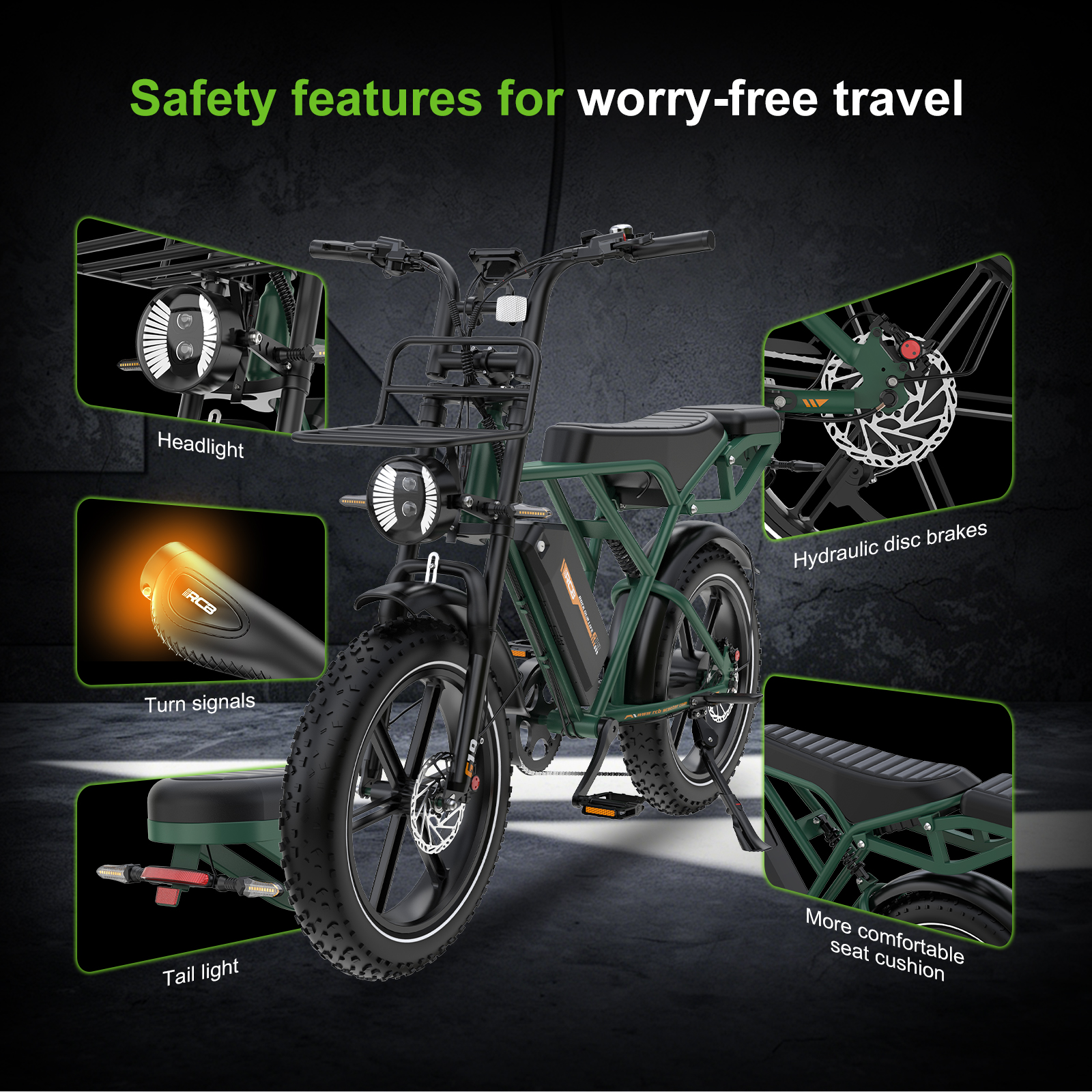 Bicicleta eléctrica verde con características de seguridad destacadas en recuadros: faro, intermitentes, luz trasera, frenos, asiento.
