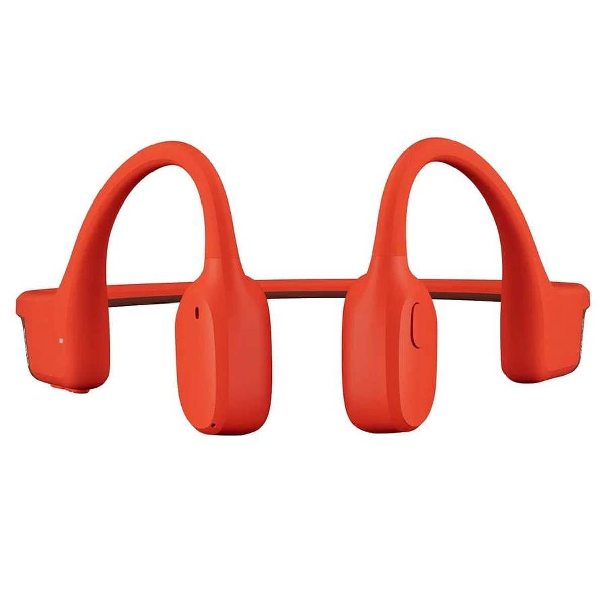 Cuffie a conduzione ossea rosse ad orecchio aperto con archetto su sfondo bianco.