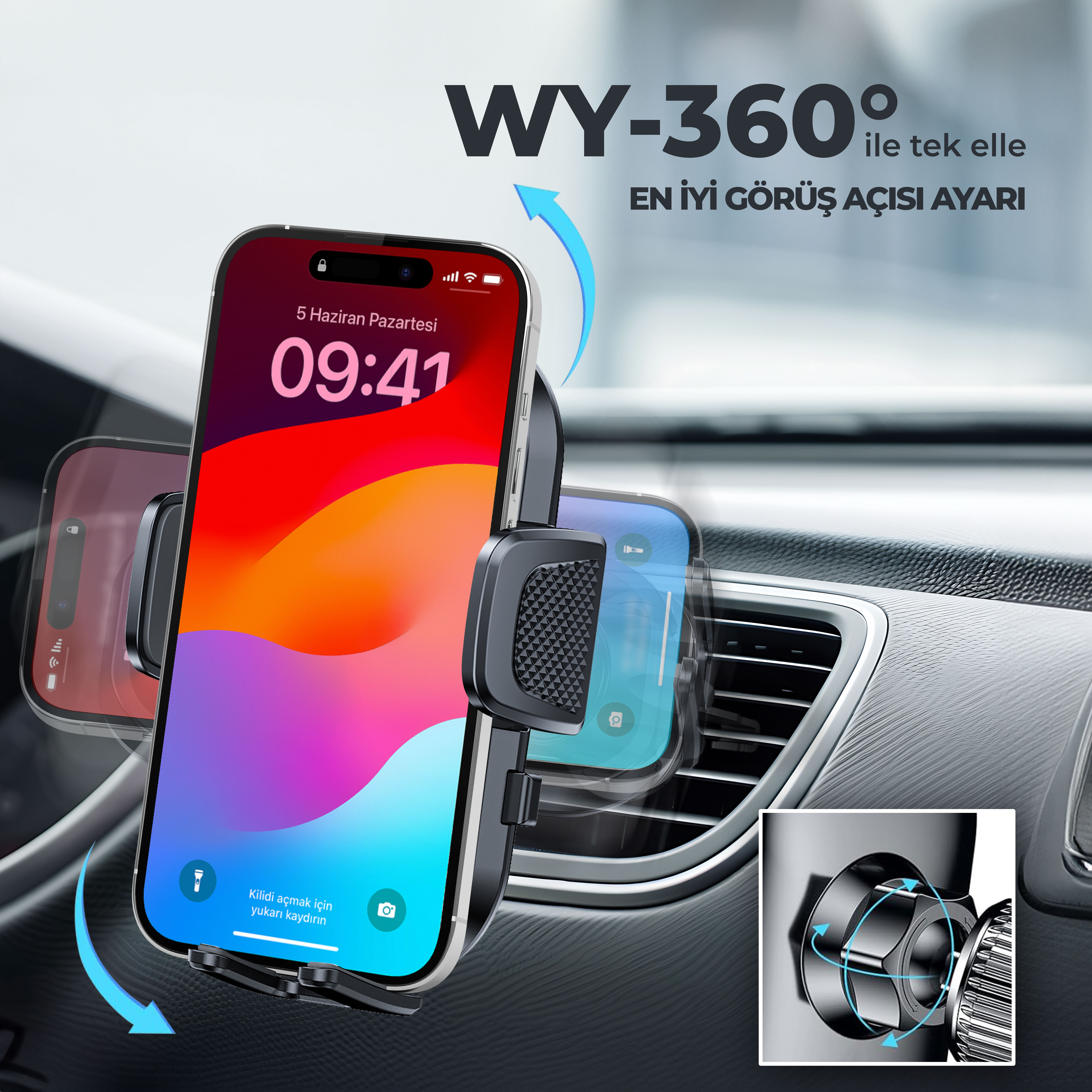Bir araç akıllı telefon tutucusu 360 derece dönme özelliğini gösteriyor.