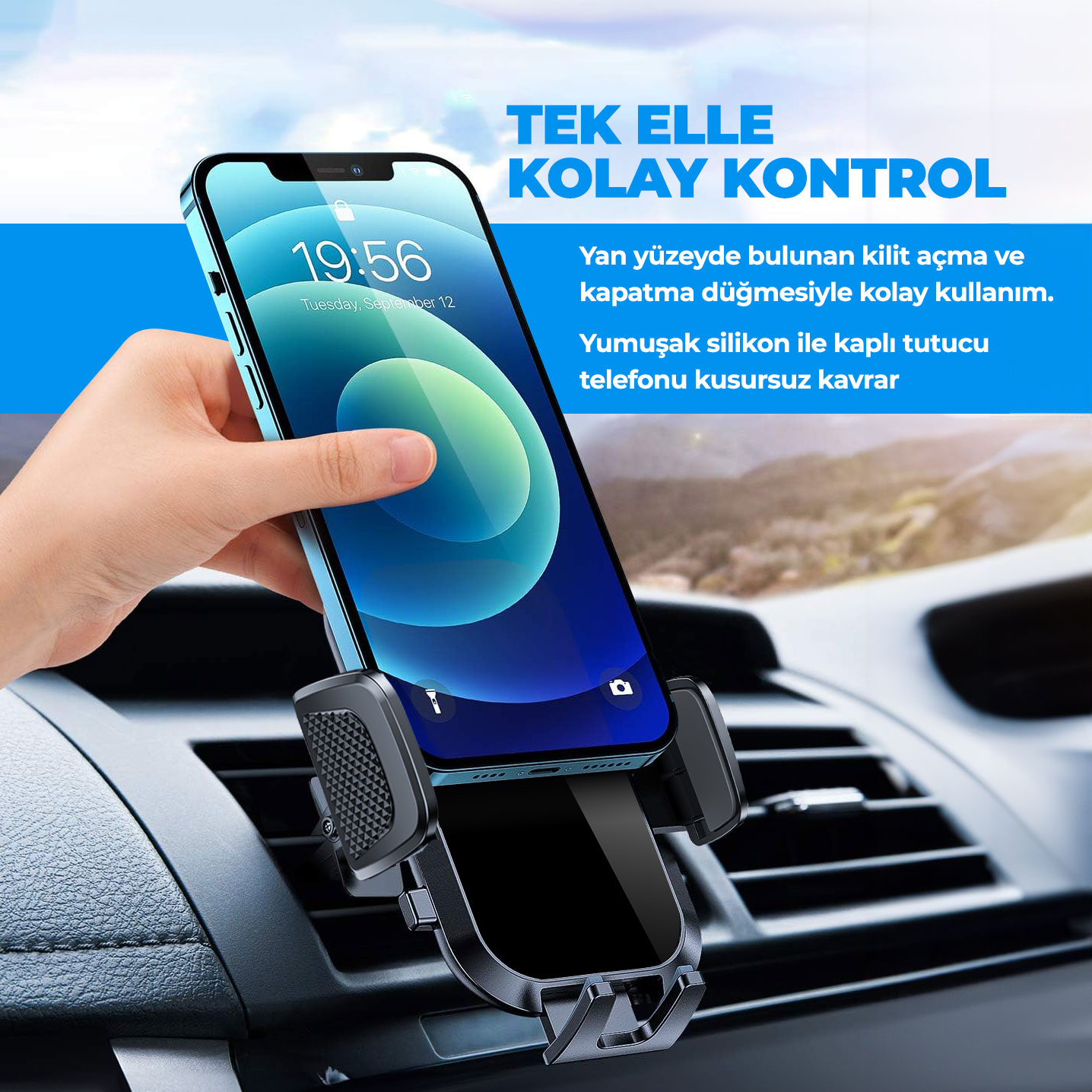 Araba havalandırma tutucusuna akıllı telefon yerleştiren el ve mavi arka planda metin.