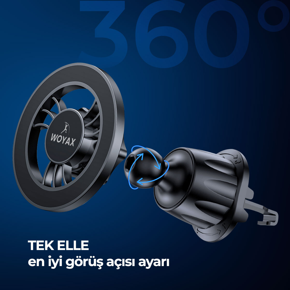 Havalandırma klipsli ve 360 derece dönebilen bilyeli eklemli siyah Woyax araç telefon tutucusu.