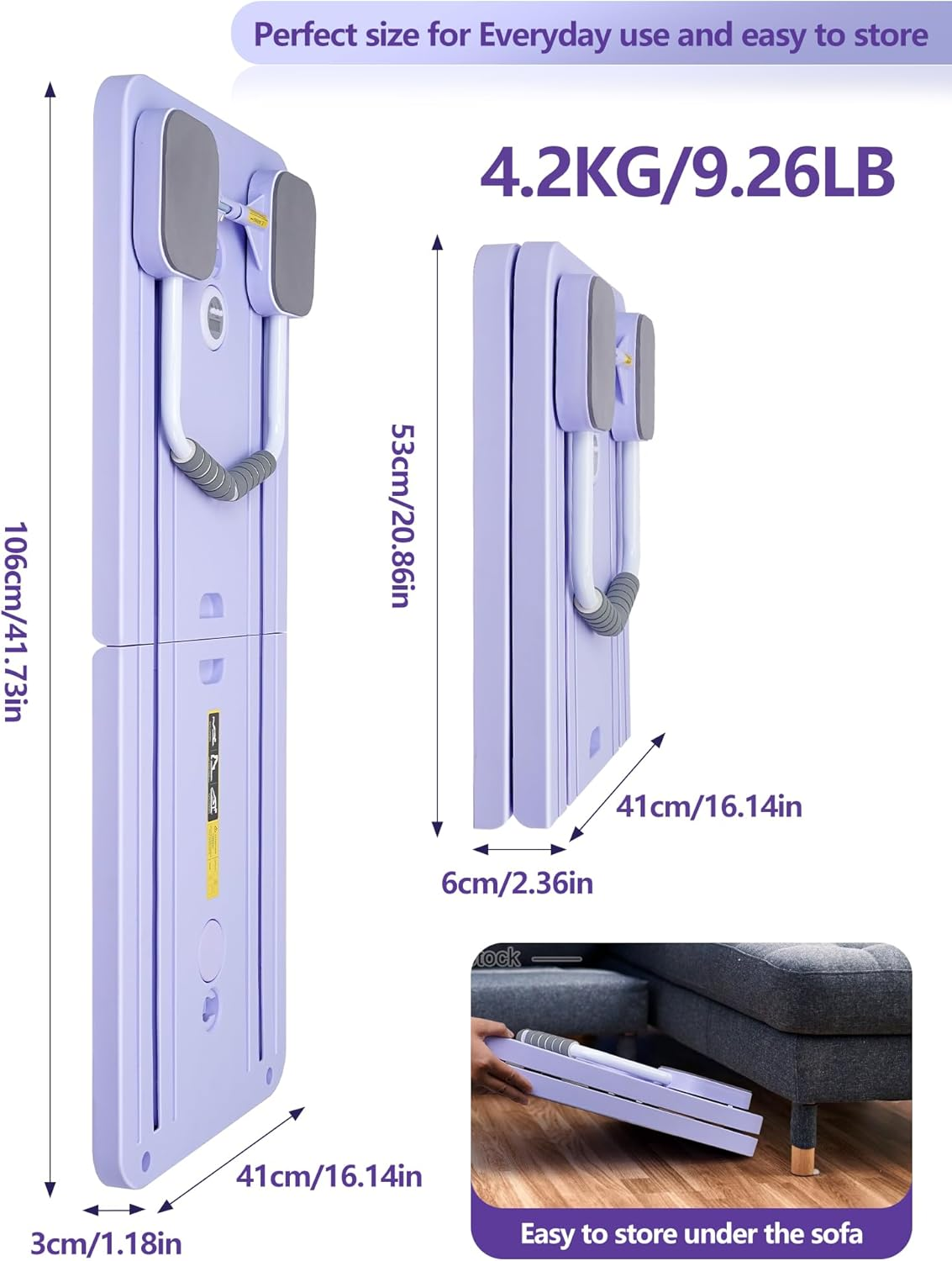 Tabla plegable morada con medidas, 4,2 kg, fácil de guardar bajo el sofá.