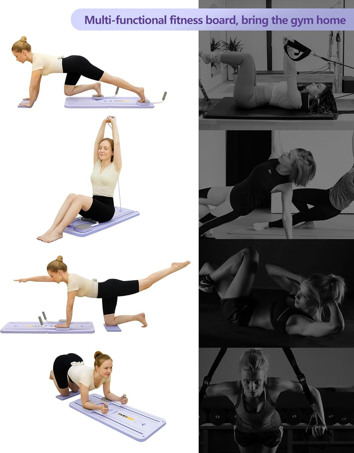 Mujeres demuestran varios ejercicios usando una tabla de fitness multifuncional para el hogar.