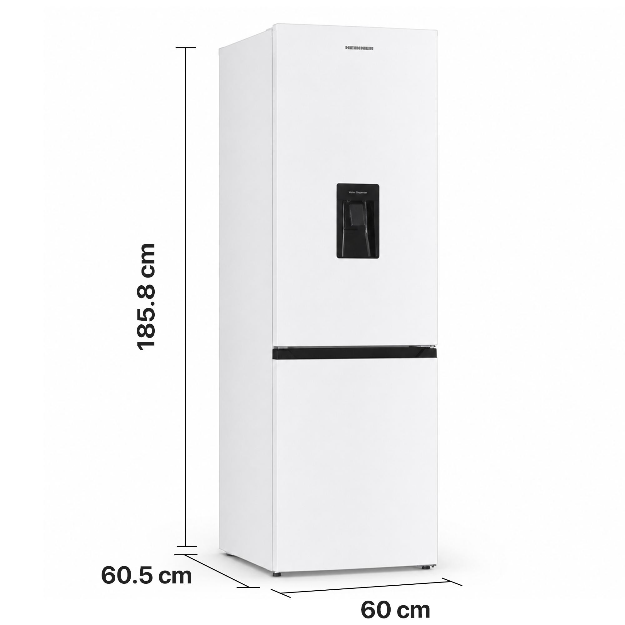 Réfrigérateur blanc Heinner avec dimensions : hauteur 185,8 cm, largeur 60 cm, profondeur 60,5 cm.