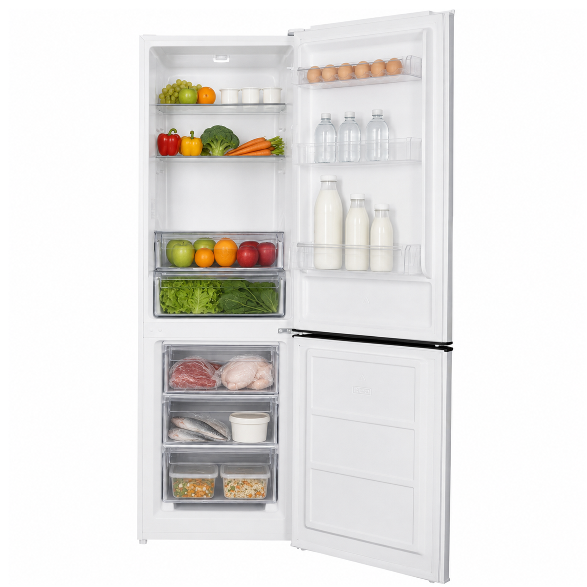 Un réfrigérateur blanc ouvert rempli de légumes frais, de fruits, de produits laitiers et d'œufs.