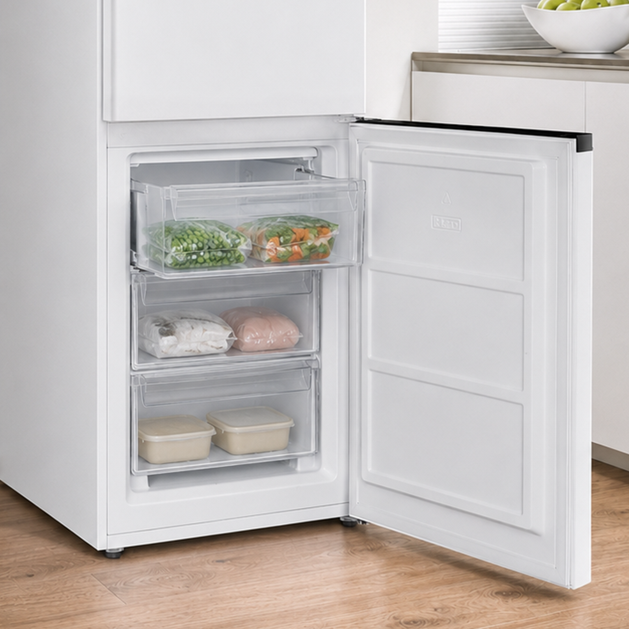 Congélateur blanc ouvert avec trois tiroirs transparents remplis de nourriture dans une cuisine.