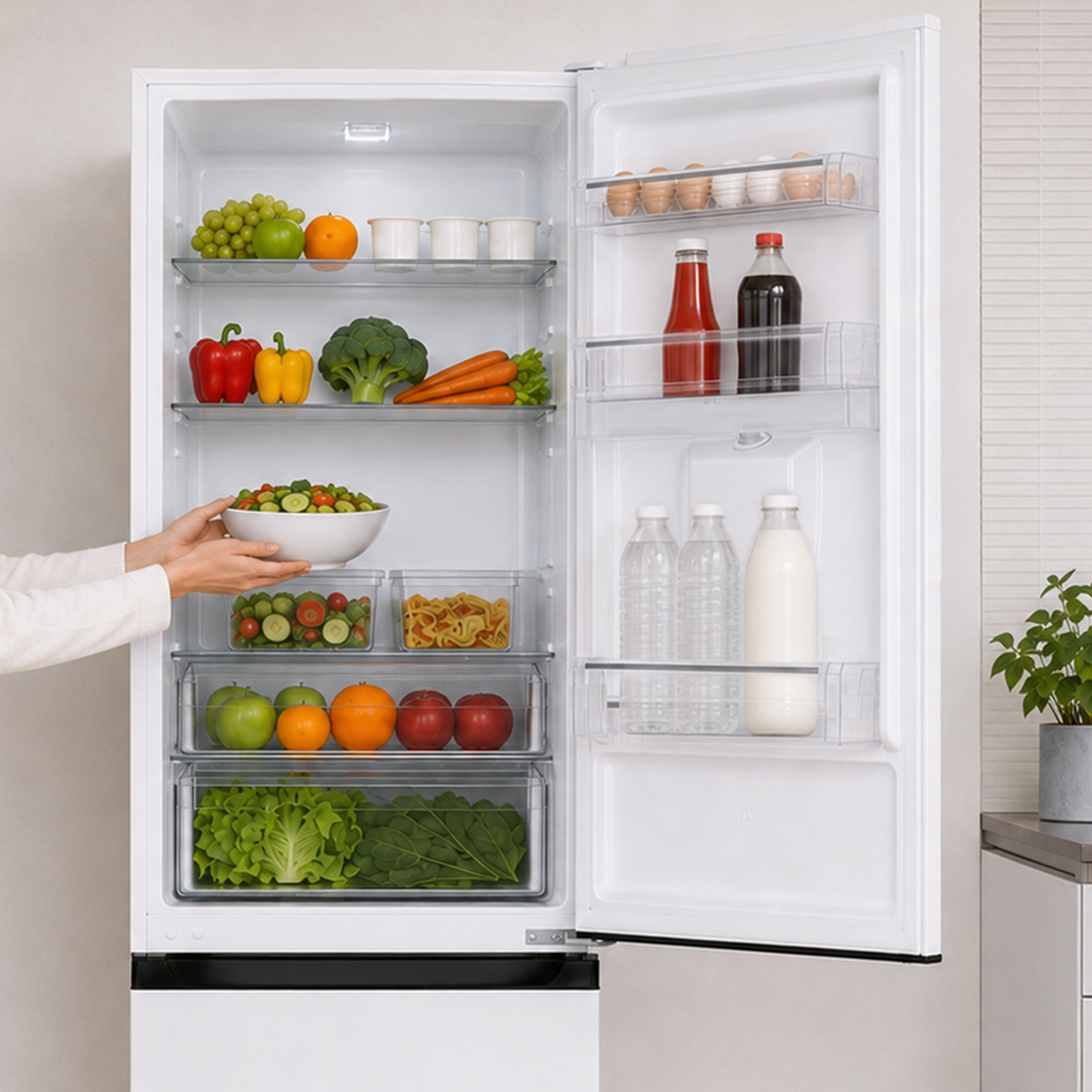 Réfrigérateur blanc ouvert rempli de fruits frais, de légumes, de boissons et d'œufs, une personne tenant un bol.