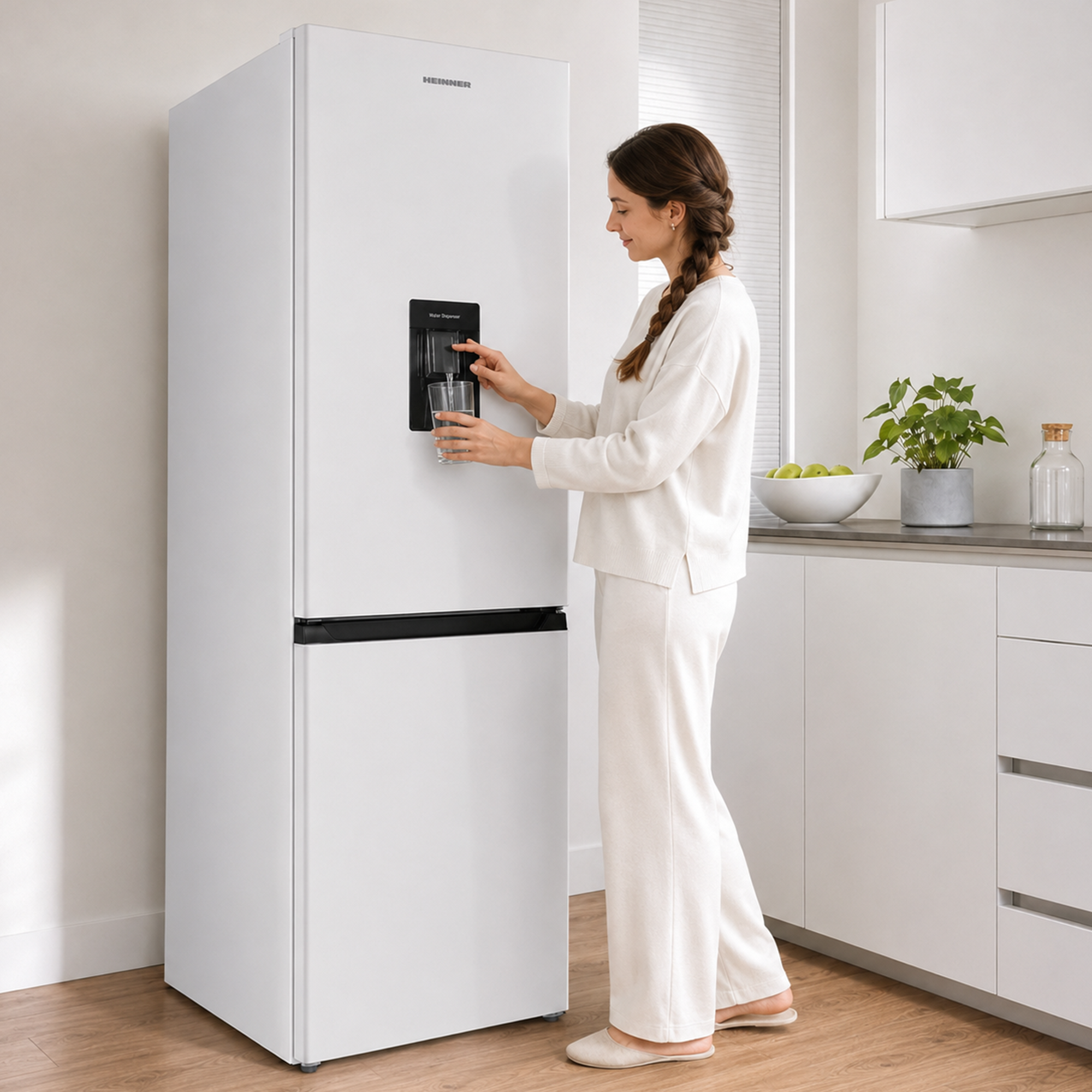 Une femme en blanc remplit un verre d'eau au distributeur d'un grand réfrigérateur blanc dans une cuisine moderne.