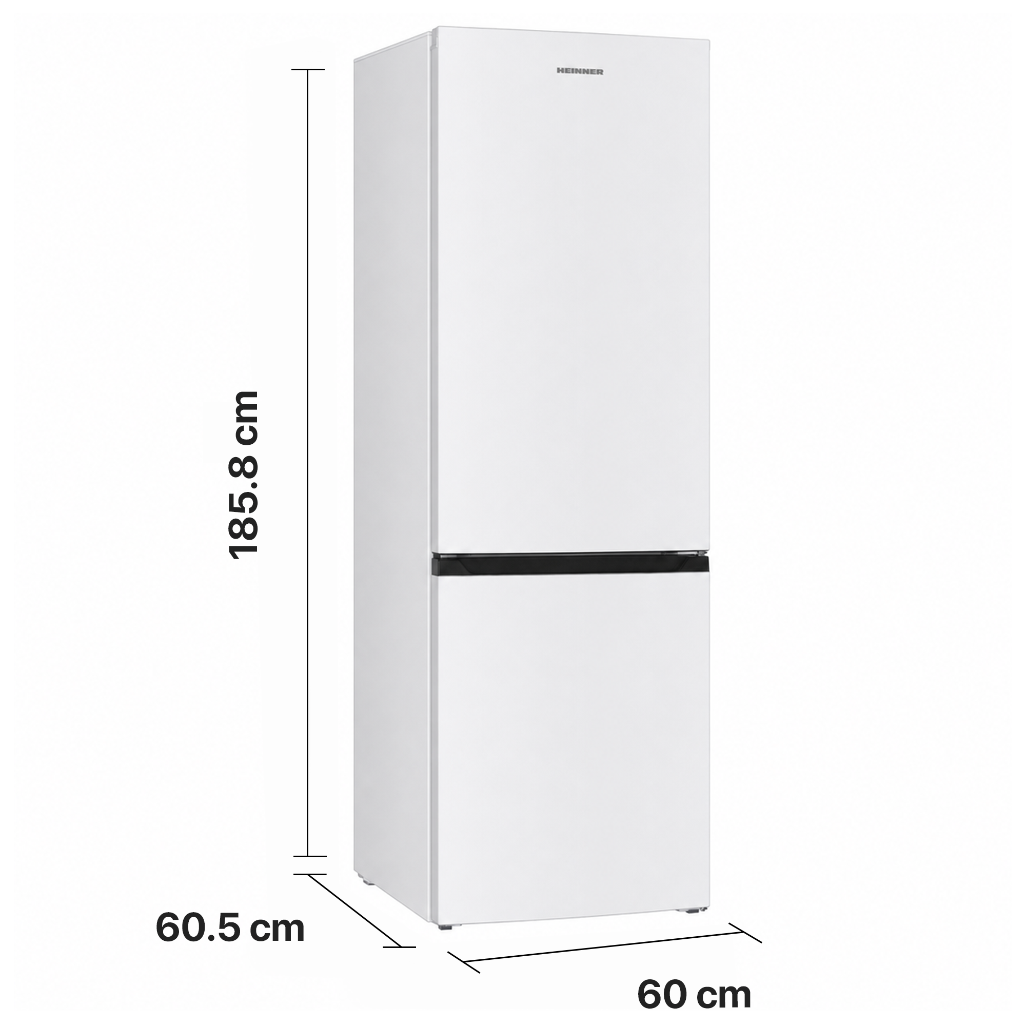 White Heinner refrigerator with dimensions of 185.8x60x60.5 cm against a white background.