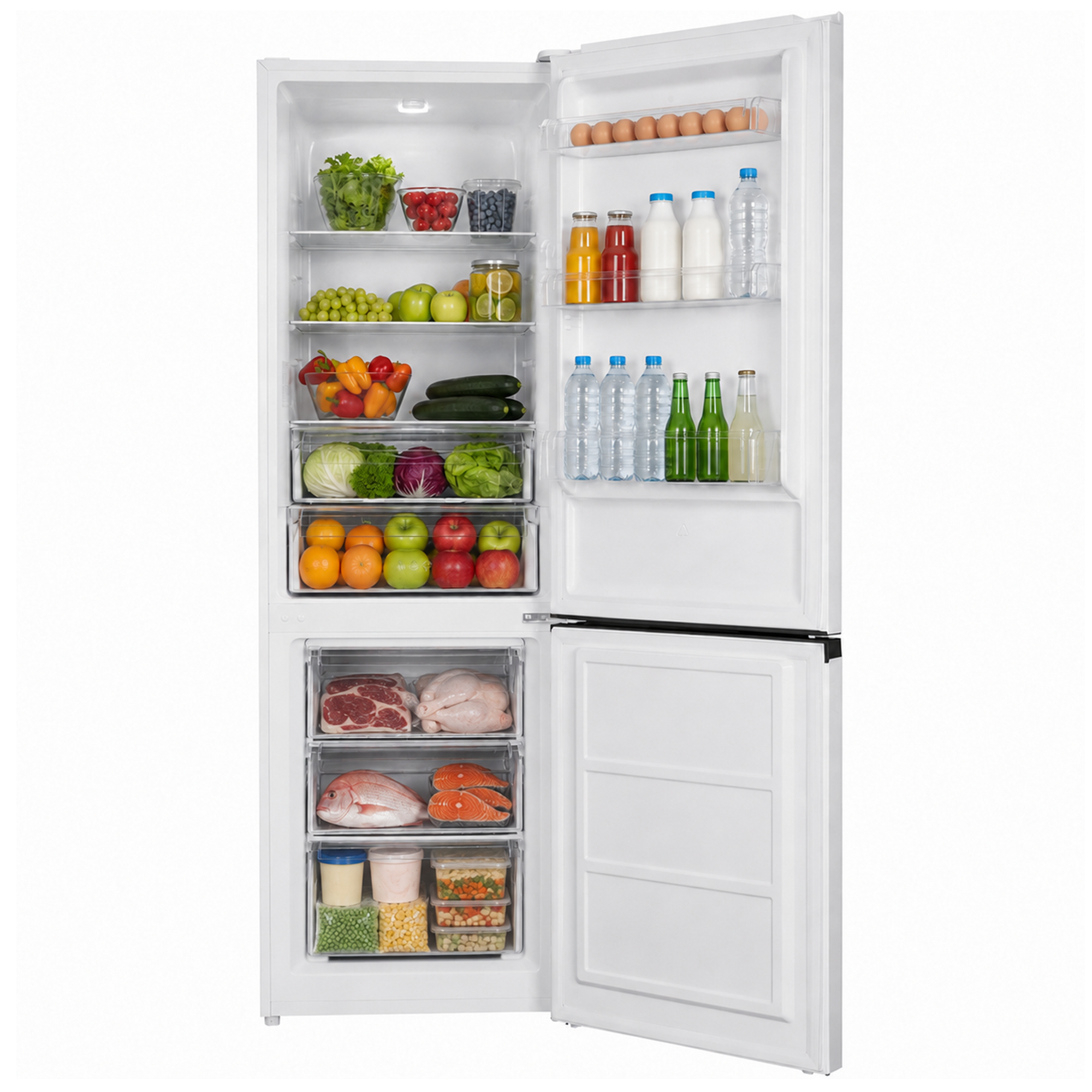 An open white refrigerator filled with fresh vegetables, fruits, drinks, and groceries.