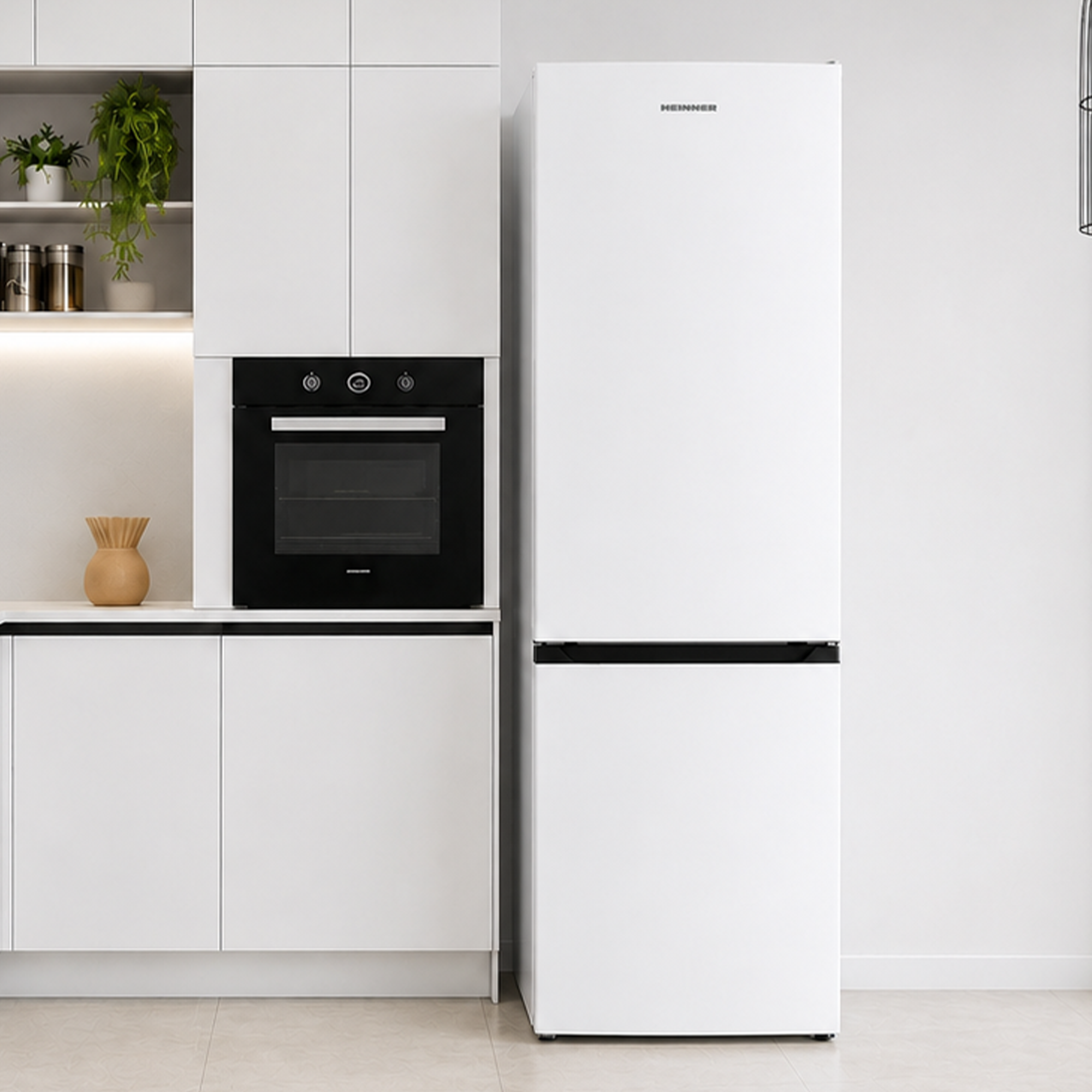 White kitchen featuring a refrigerator, black built-in oven, and minimalist cabinets.