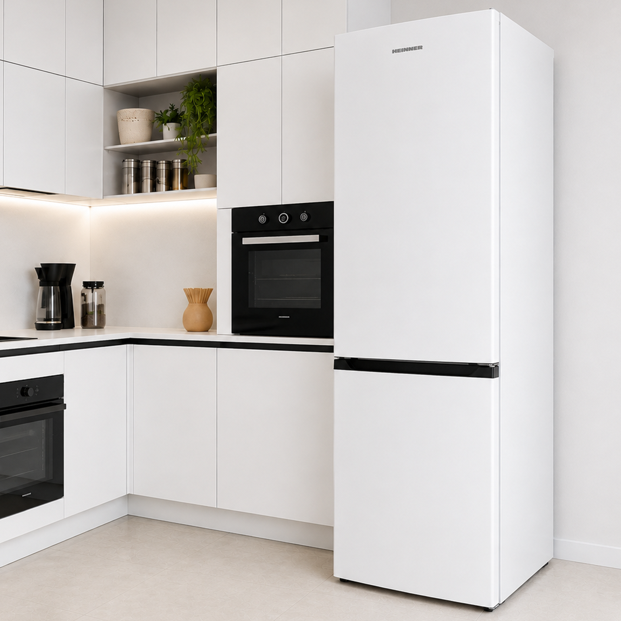 Modern white kitchen with black appliances, built-in refrigerator, and lit shelves.