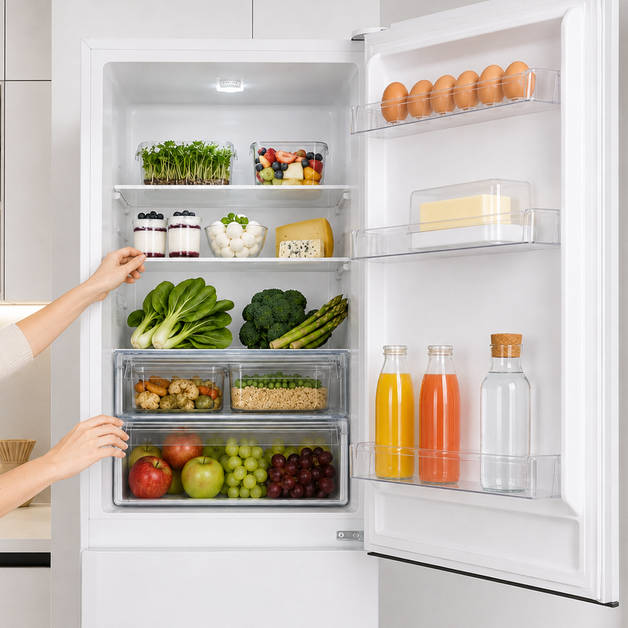 An open refrigerator well-stocked with fresh vegetables, fruits, dairy, eggs, and drinks.