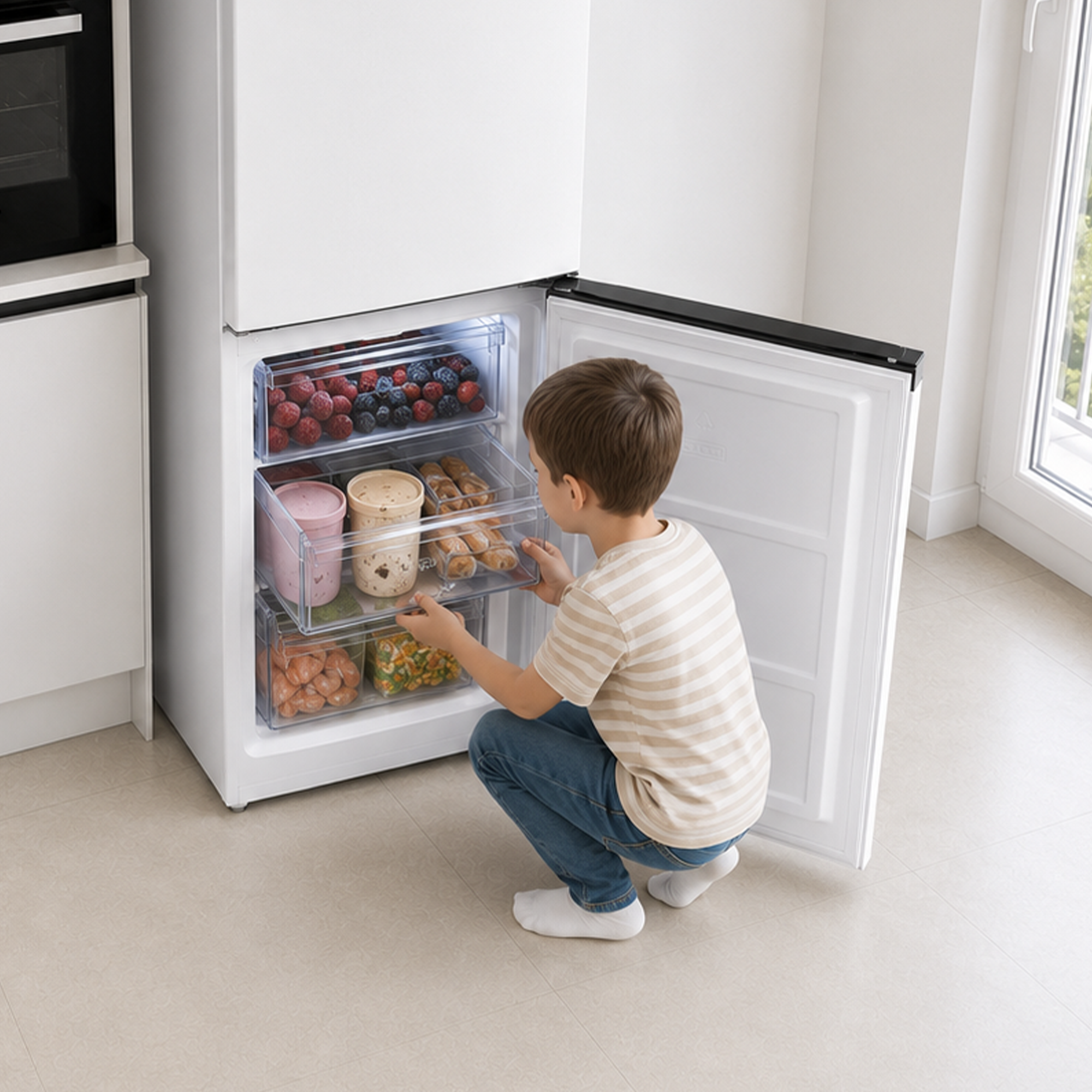 A young boy squats in a bright kitchen, opening a drawer in a white under-counter freezer filled with food.