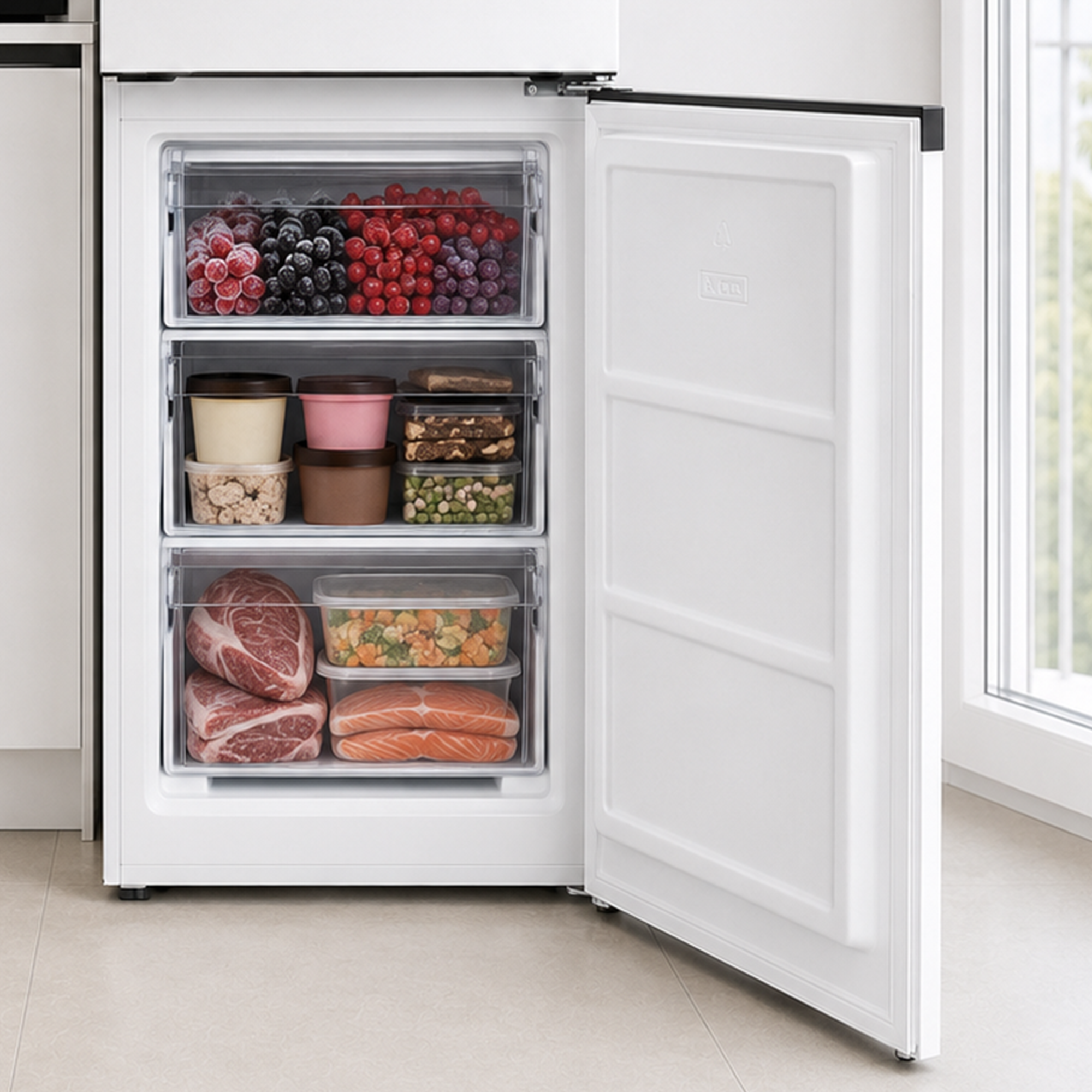 An open white mini-freezer filled with organized drawers of frozen berries, ice cream, meat, and vegetables.