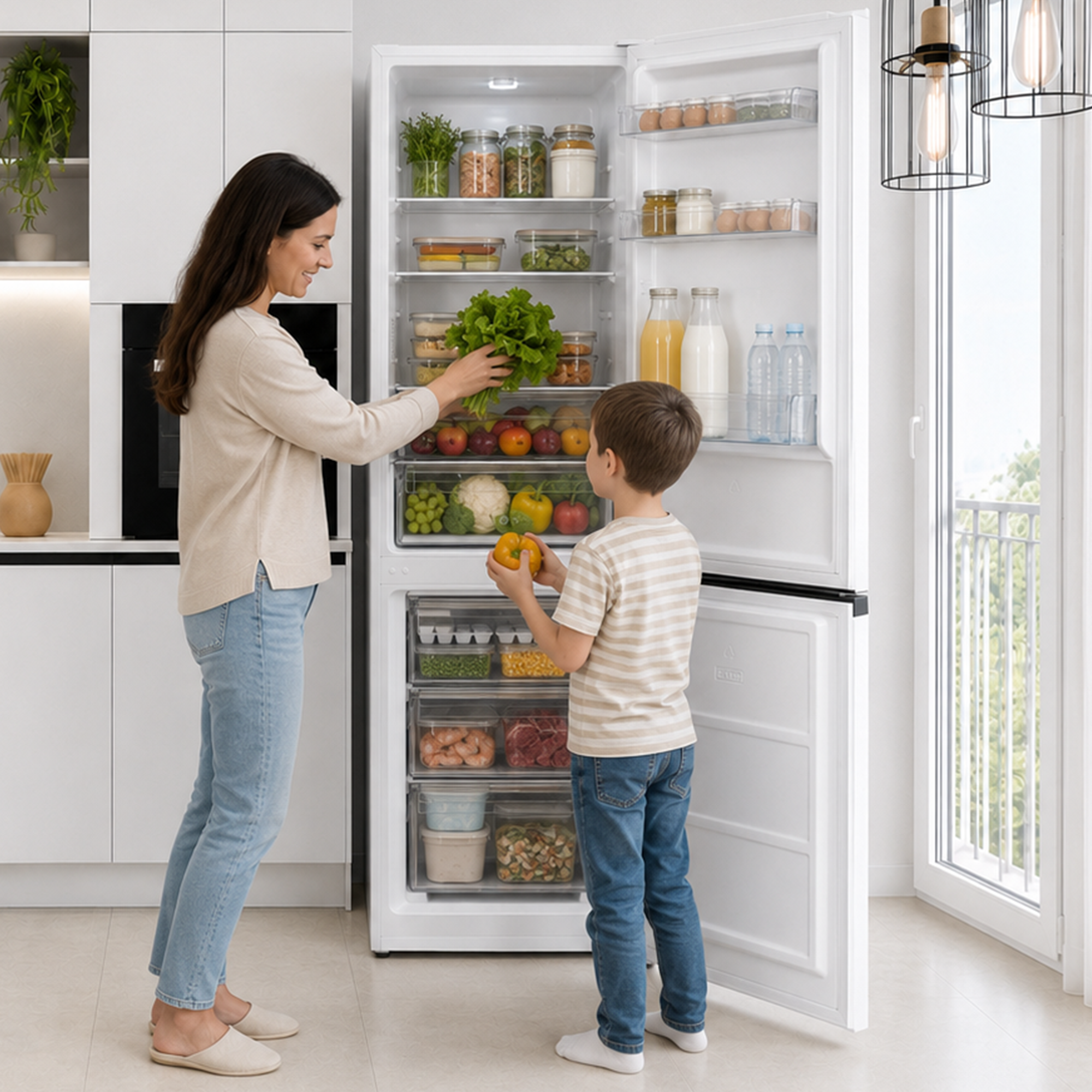 A woman and a boy take fresh vegetables from an open, well-stocked white refrigerator in a bright kitchen.