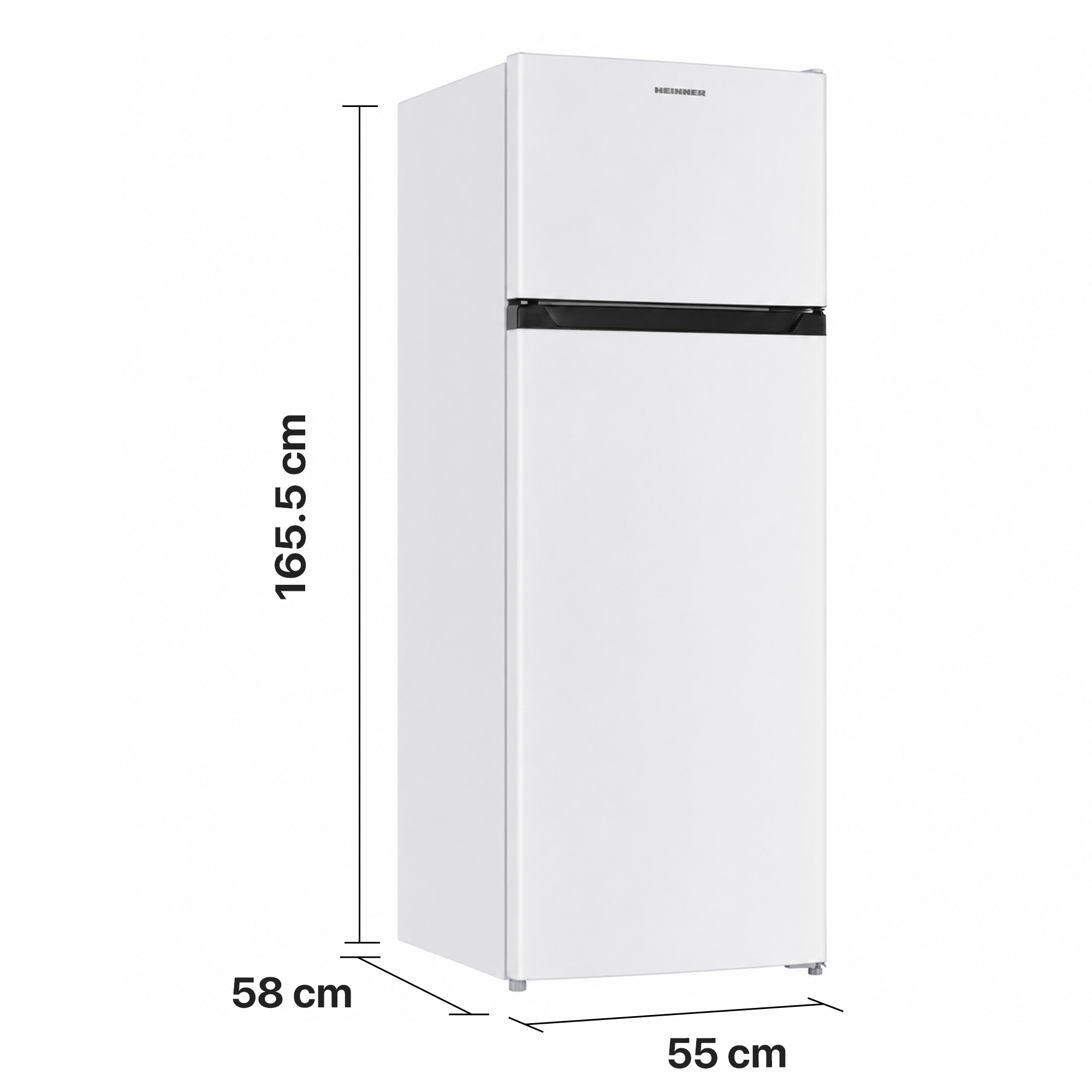Réfrigérateur Heinner blanc avec dimensions : 165,5 cm de haut, 55 cm de large, 58 cm de profondeur.