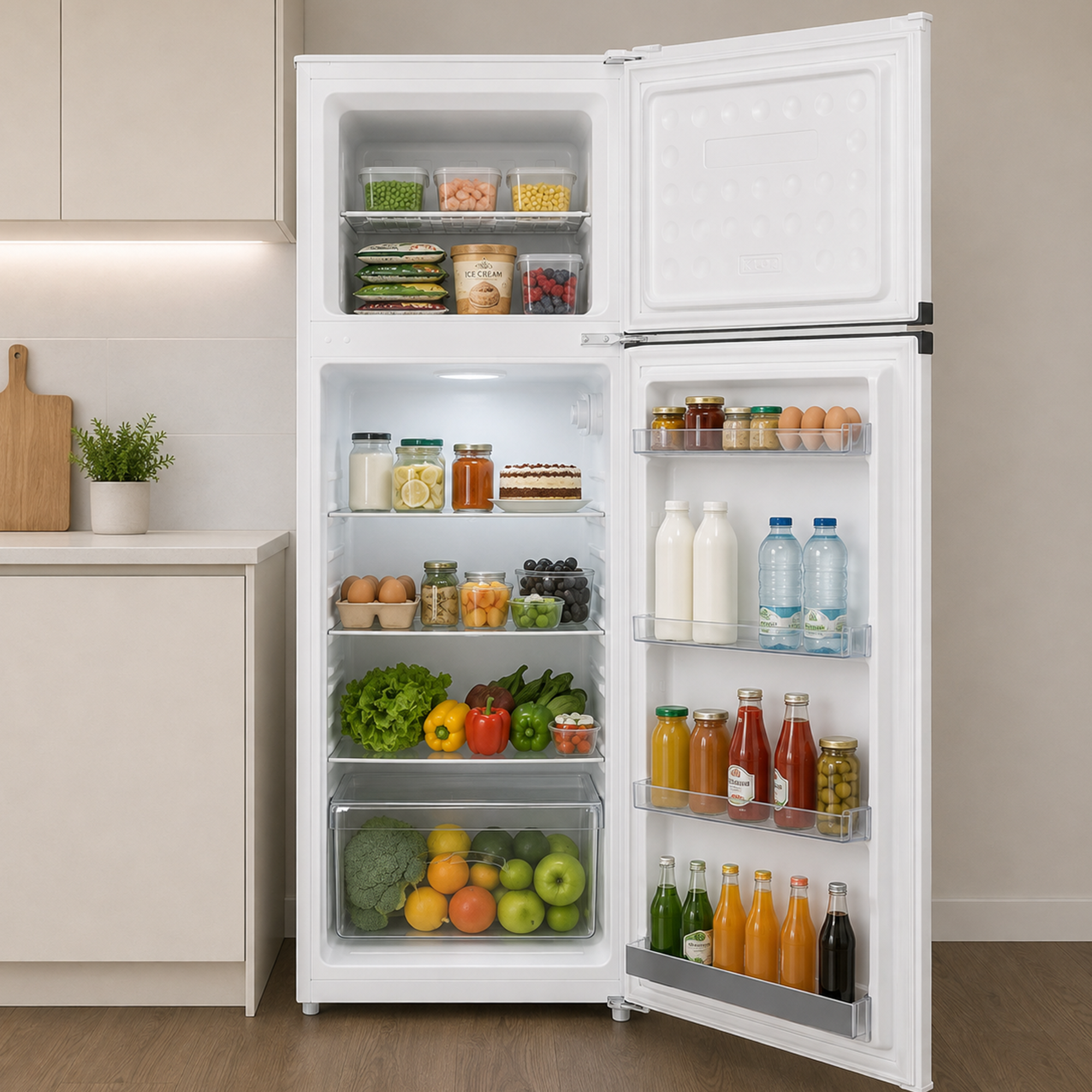 Un réfrigérateur blanc et bien rempli, porte ouverte, se trouve dans une cuisine lumineuse.
