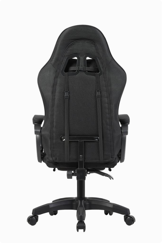 Tekerlekli, ergonomik siyah oyuncu koltuğunun arka görünümü.