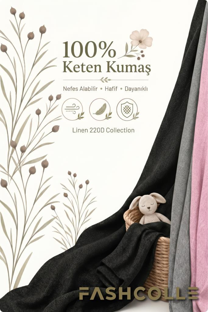 Siyah, gri ve pembe renklerde %100 keten kumaş tanıtımı, sepet içinde oyuncak tavşan ve botanik çizimler.