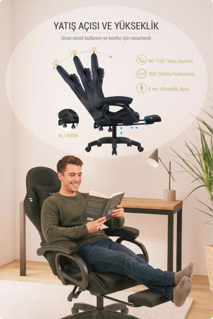 Gülümseyen bir adam siyah ergonomik ofis koltuğunda kitap okuyor, üstte koltuğun yatış özelliklerini gösteren şemalar var.