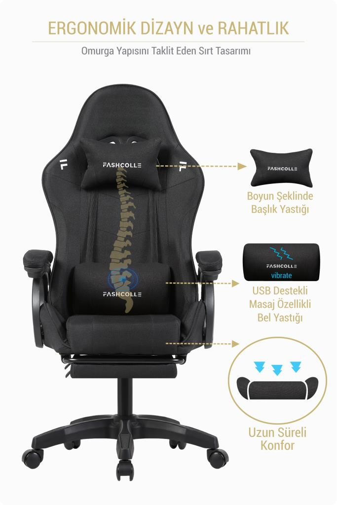 Omurga destekli, boyun yastıklı, USB masajlı bel yastıklı ve ayak dayama yerli ergonomik siyah oyuncu koltuğu.