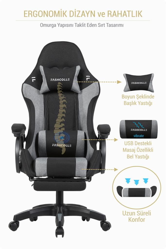 Boyun ve USB masaj yastıklı, sırt kısmında omurga grafiği bulunan gri ve siyah ergonomik oyuncu koltuğu.