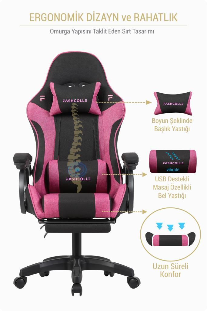 Ergonomik minderli ve omurga destekli pembe siyah oyuncu koltuğu.