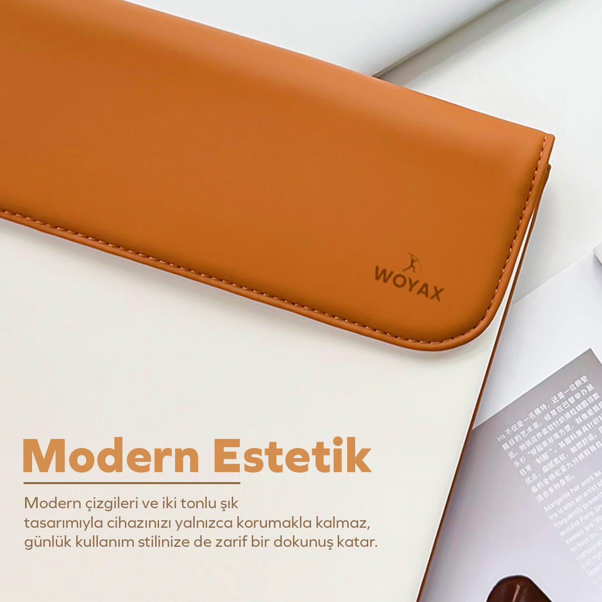 WOYAX logolu, kahverengi kapaklı ve beyaz gövdeli laptop kılıfı.