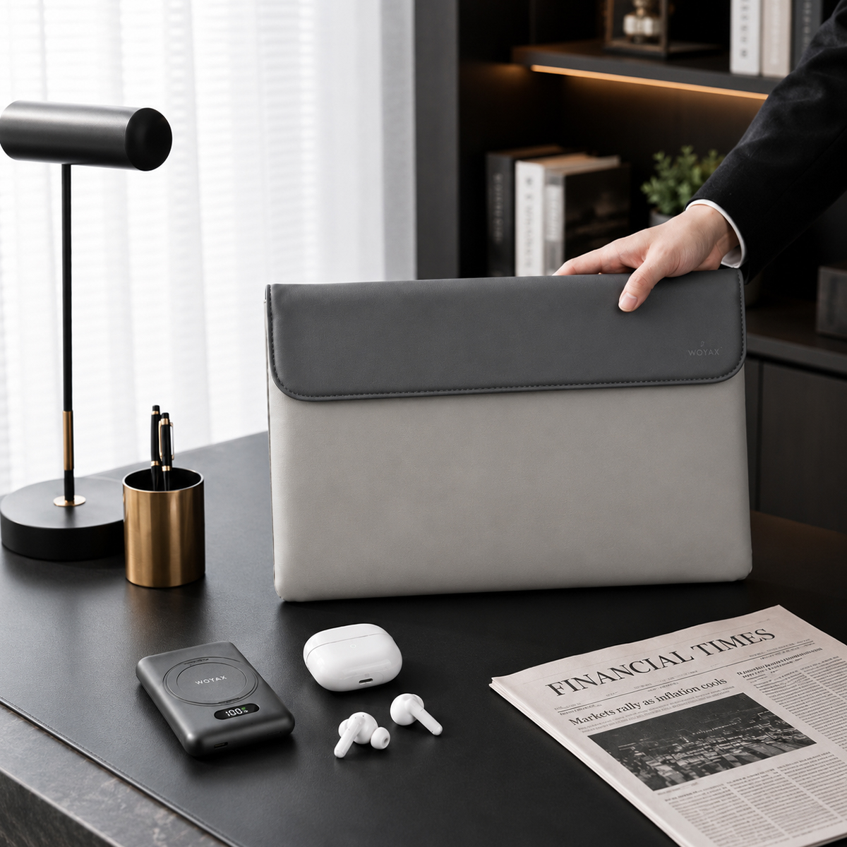 Bir el, lamba, powerbank, kulaklık ve gazete olan bir masadaki gri laptop kılıfına uzanıyor.