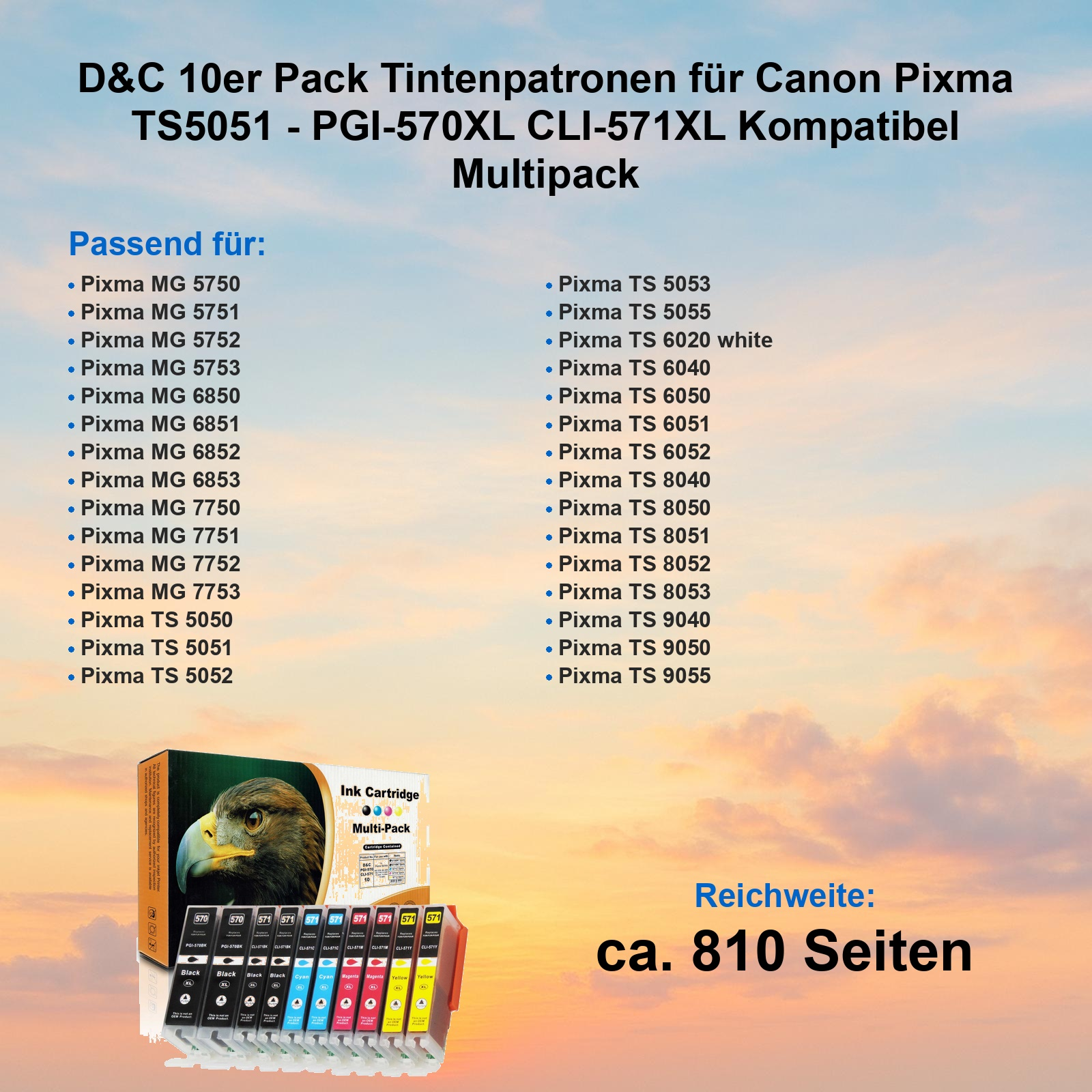 D&C 10er Pack Tintenpatronen für Canon Pixma mit kompatiblen Modellen und Adler-Verpackung.