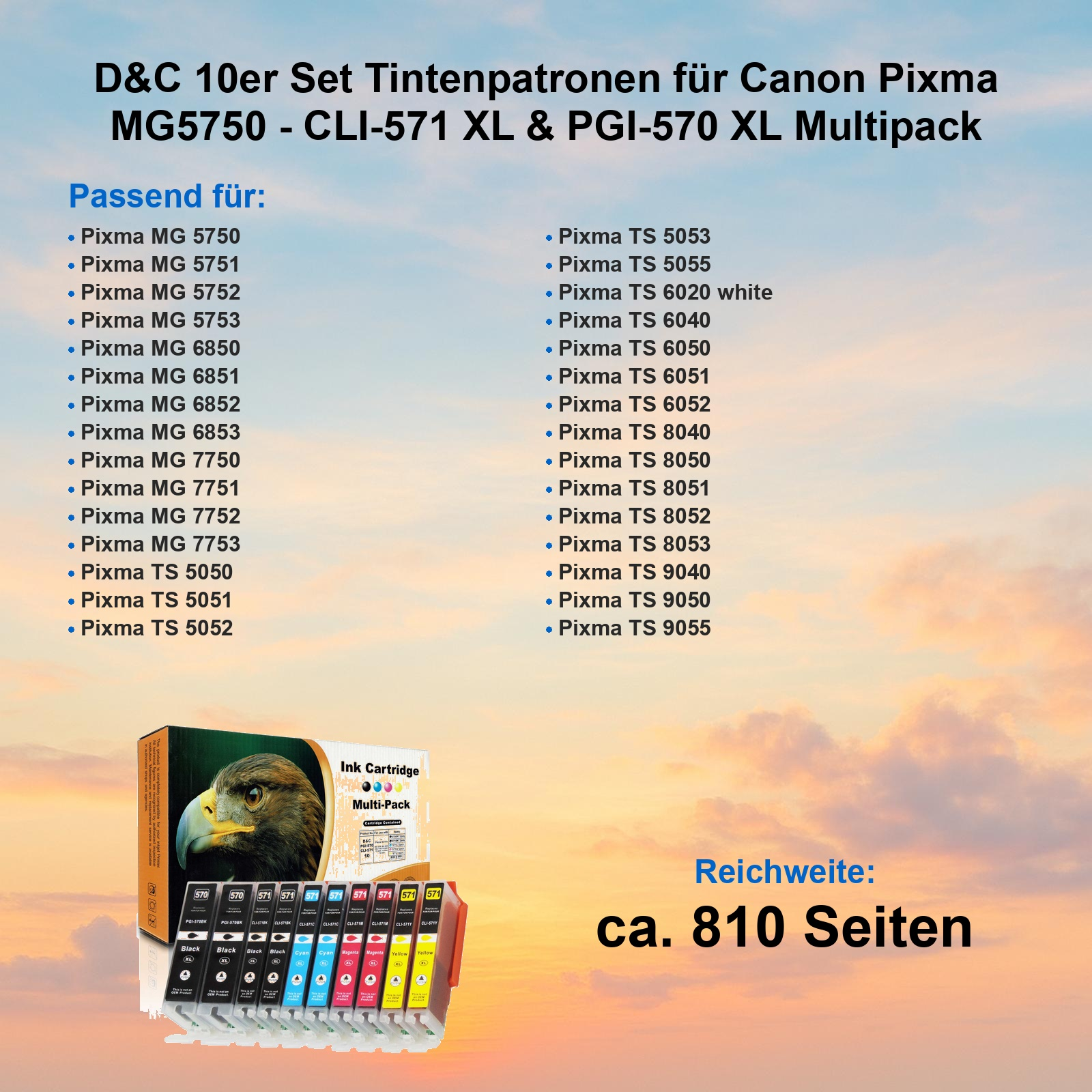 D&C Tintenpatronen Multipack für Canon Pixma Drucker mit Kompatibilitätsliste auf Sonnenuntergang-Hintergrund.
