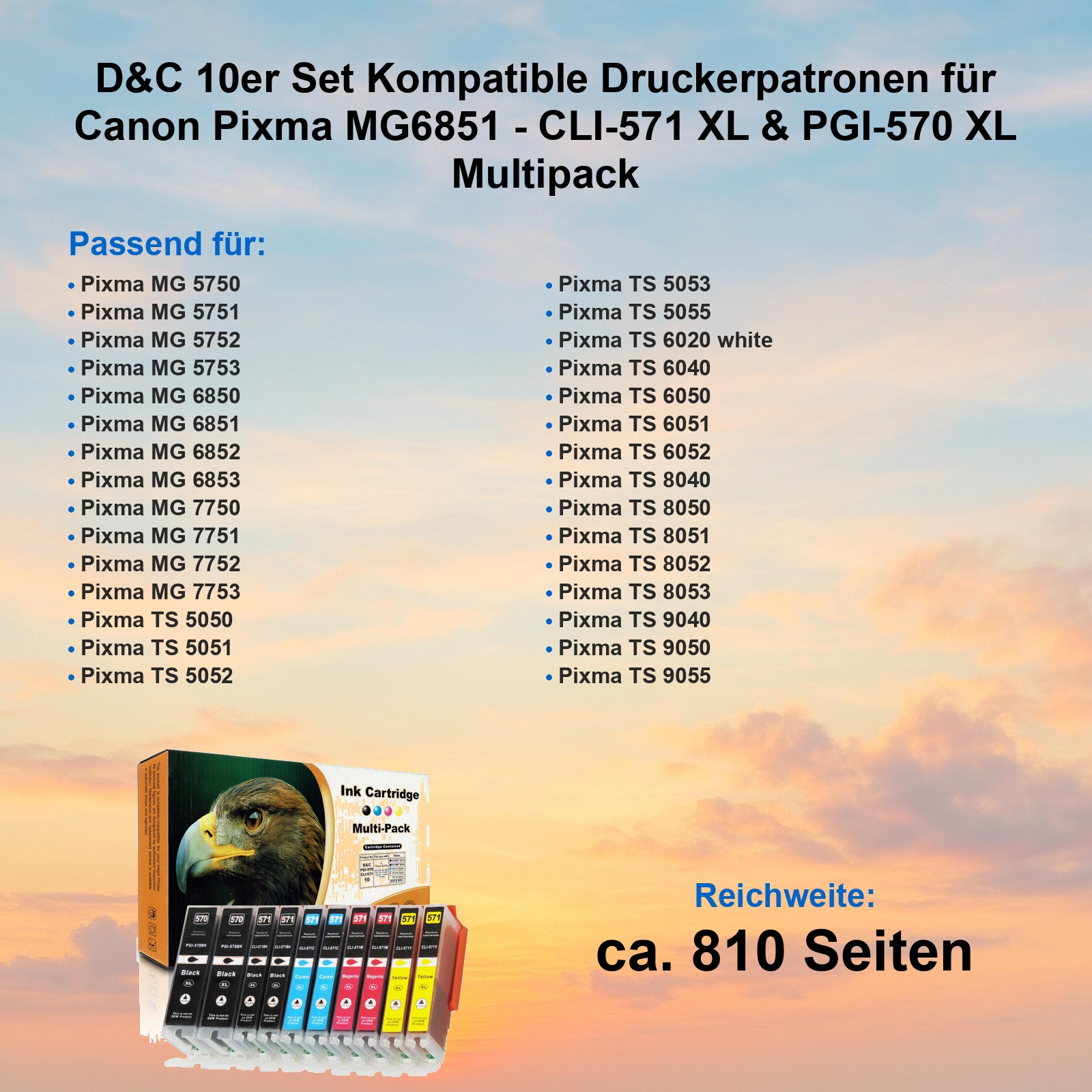 D&C Druckerpatronen Multipack mit Kompatibilitätsliste vor einem Sonnenuntergang.