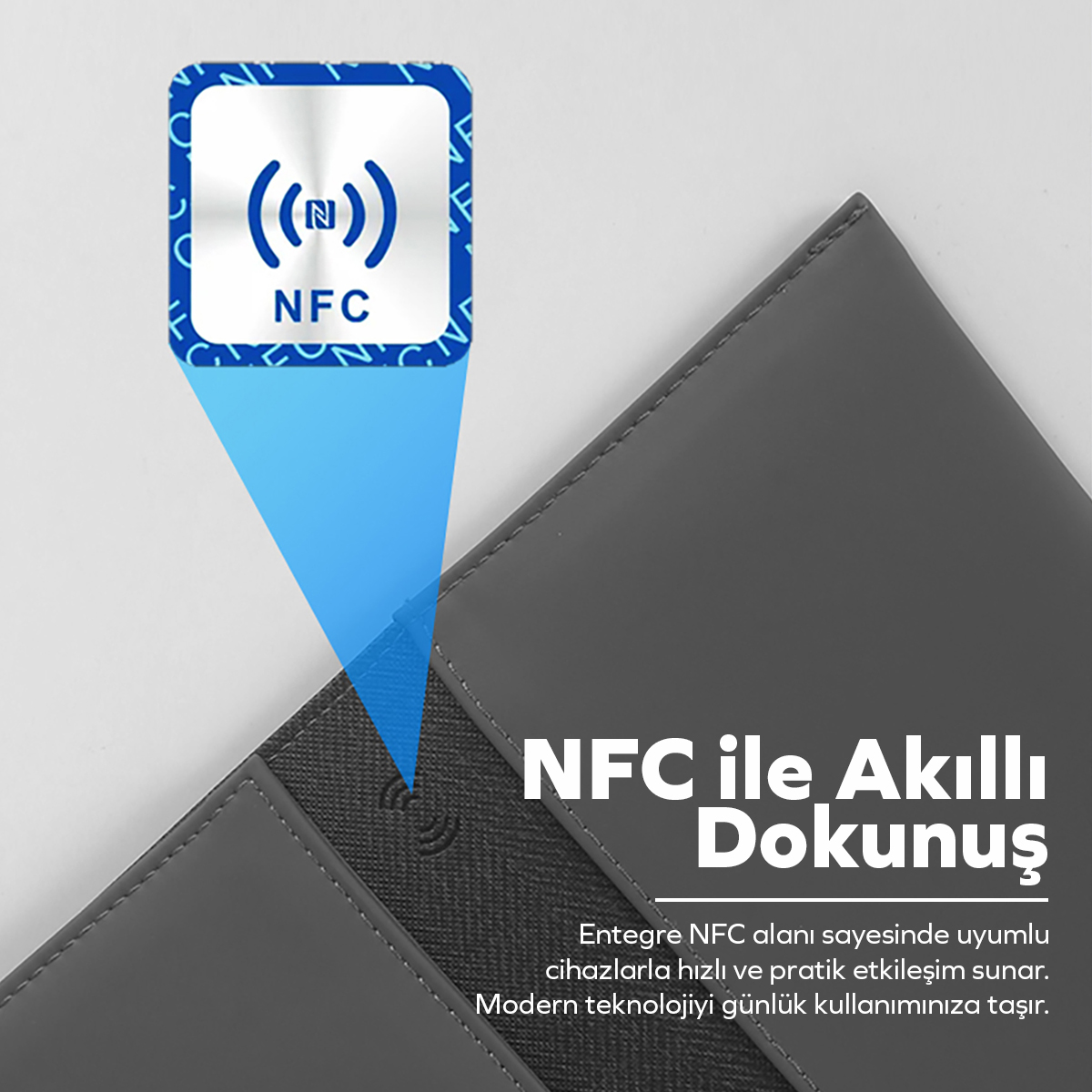 Akıllı NFC teknolojisini açıklayan bilgilendirici metin ve gömülü NFC sembolü içeren gri deri defter.