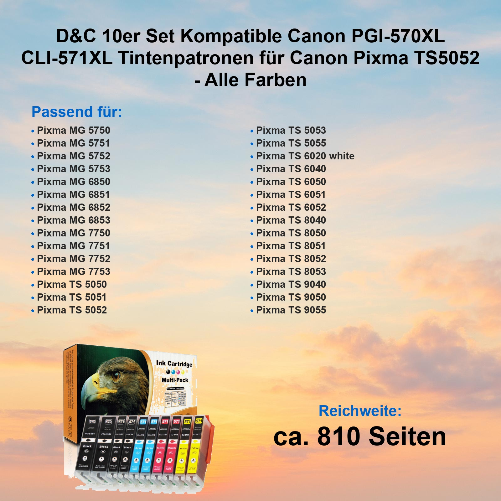 D&C 10er Set Tintenpatronen kompatibel mit Canon, mit Produktbild und Druckerkompatibilitätsliste.