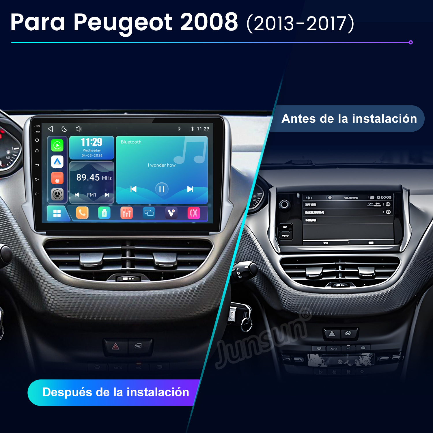 Comparación del salpicadero del Peugeot 2008 antes y después de instalar un sistema multimedia táctil.
