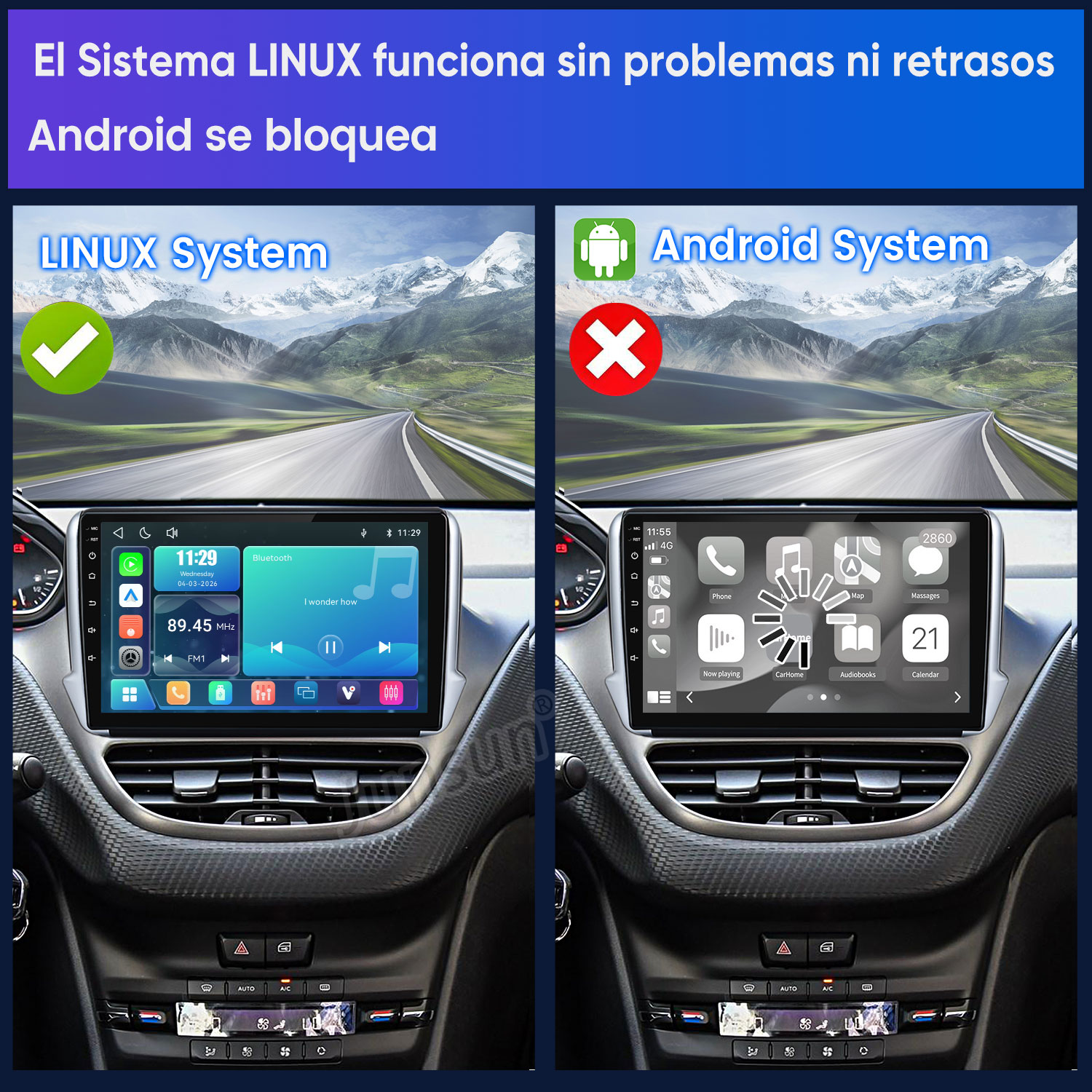 Comparación de pantallas de coche: El sistema Linux funciona sin problemas, el sistema Android muestra un icono de carga.