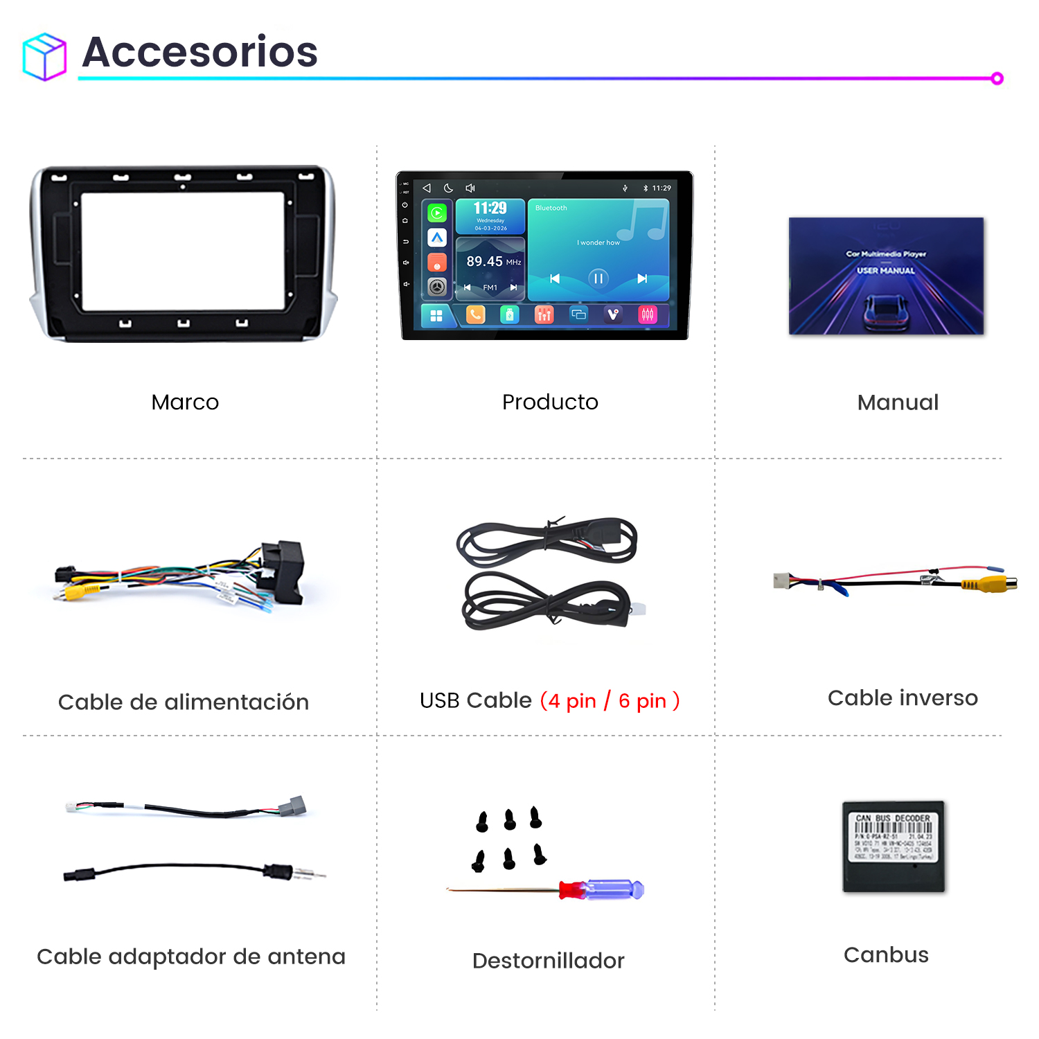 Cuadrícula de nueve accesorios de sistema multimedia para auto que incluye marco, pantalla, manual, cables y canbus.