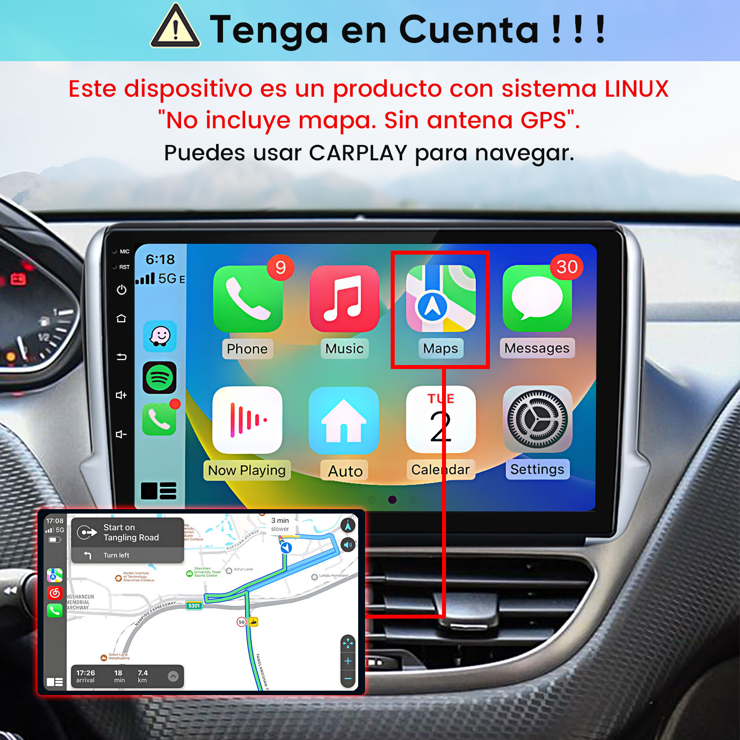 Una pantalla de coche muestra el menú CarPlay y un mapa de navegación. Texto de advertencia en español arriba.