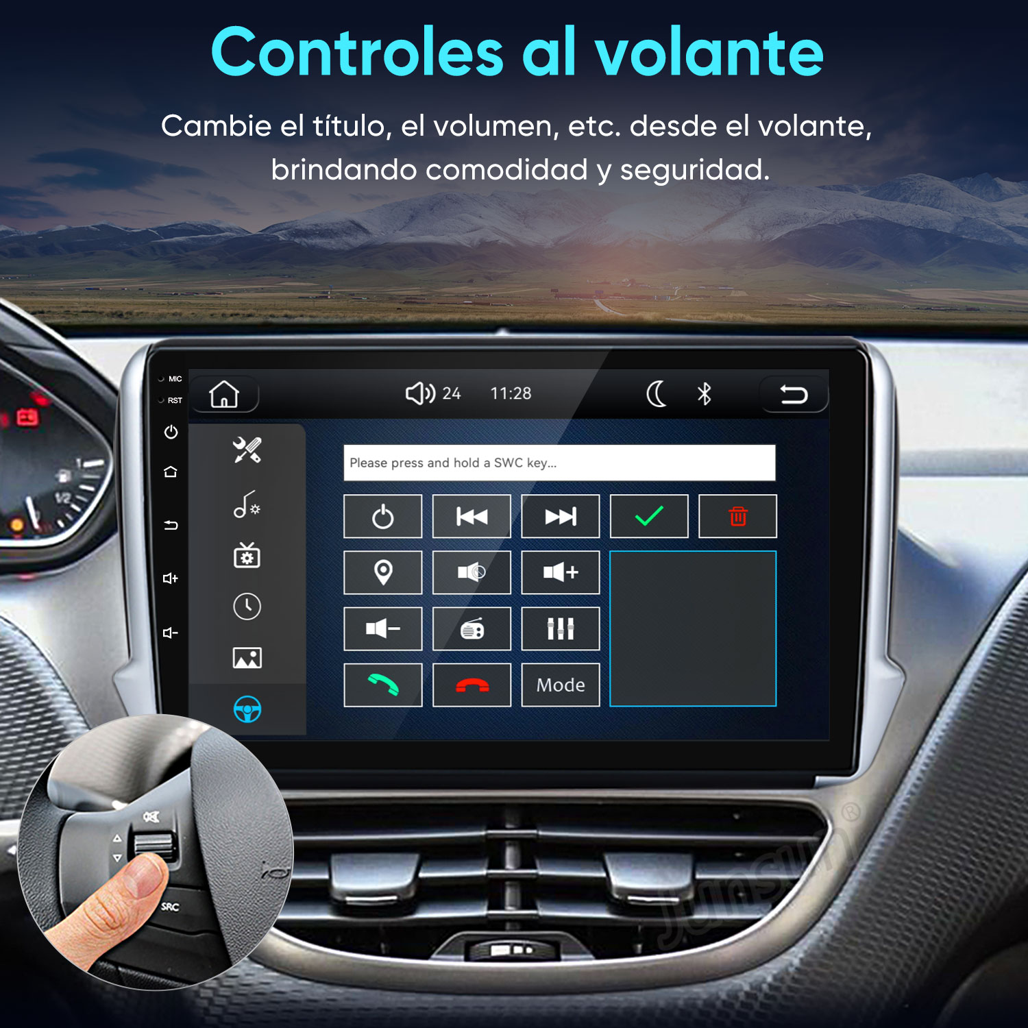 Pantalla de coche con menú de ajustes y recuadro que muestra un dedo presionando botones del volante.