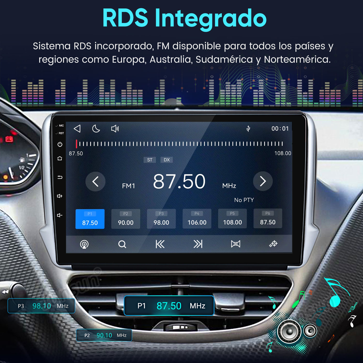 Pantalla de autorradio muestra FM 87.50 MHz y botones preestablecidos en un tablero.