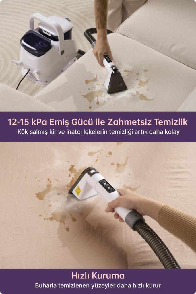 Taşınabilir bir temizleyici, bej koltuktaki lekeyi çıkarıyor.