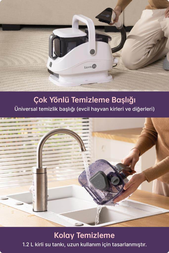 Beyaz portatif halı temizleyici kullanımda ve musluk altında su doldurulurken gösteriliyor.