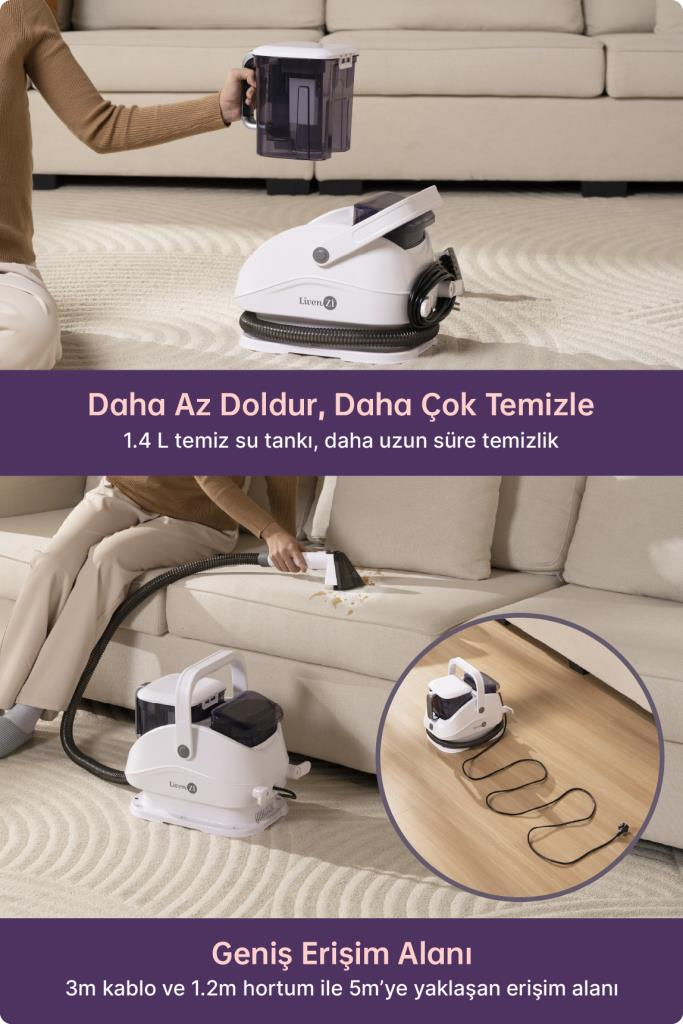 Bir kişi koltukta beyaz halı temizleme makinesi kullanıyor, yanında su haznesi ve kablo görünüyor.