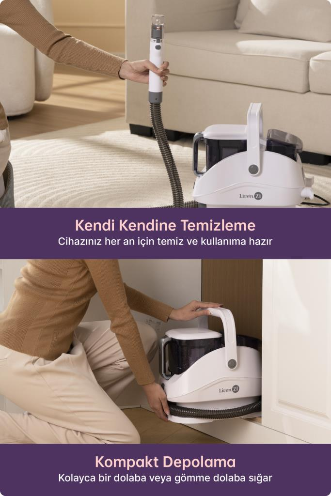 Bir kadın oturma odasında kompakt beyaz Liven temizleyiciyi kullanıyor ve saklıyor.