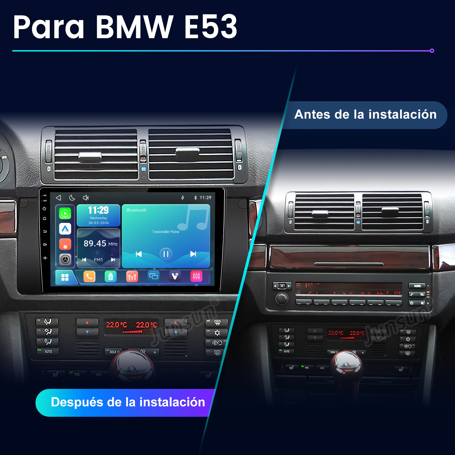 Comparación de la consola central del BMW E53 antes y después de instalar la pantalla táctil.